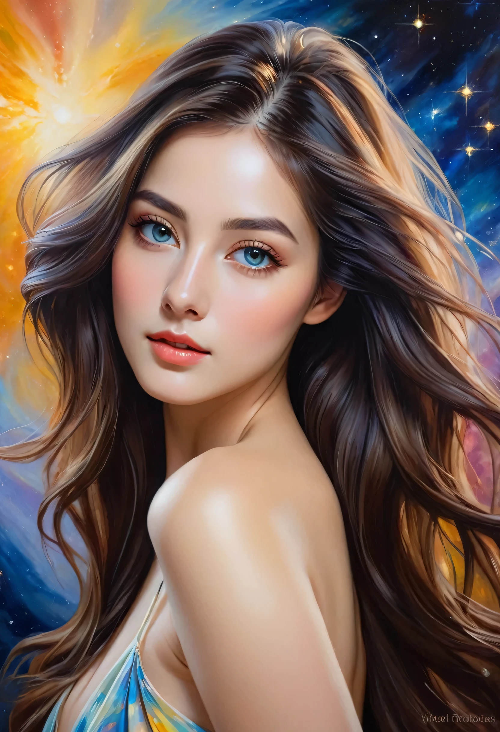 best quality,realistic,portrait,"toppless woman","beautiful detailed eyes","soft and delicate skin","long flowing hair","elegant and graceful pose","subtle lighting","subtle background","oil painting style","vivid colors" very slutty ,space background