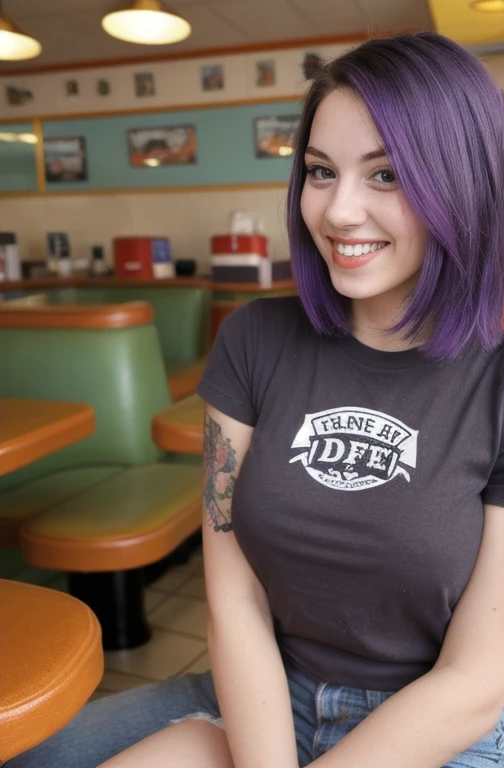 street photography photo of a young woman with purple hair, smile, happy, cute t-shirt, tattoos on her arms, sitting in a 50s diner 