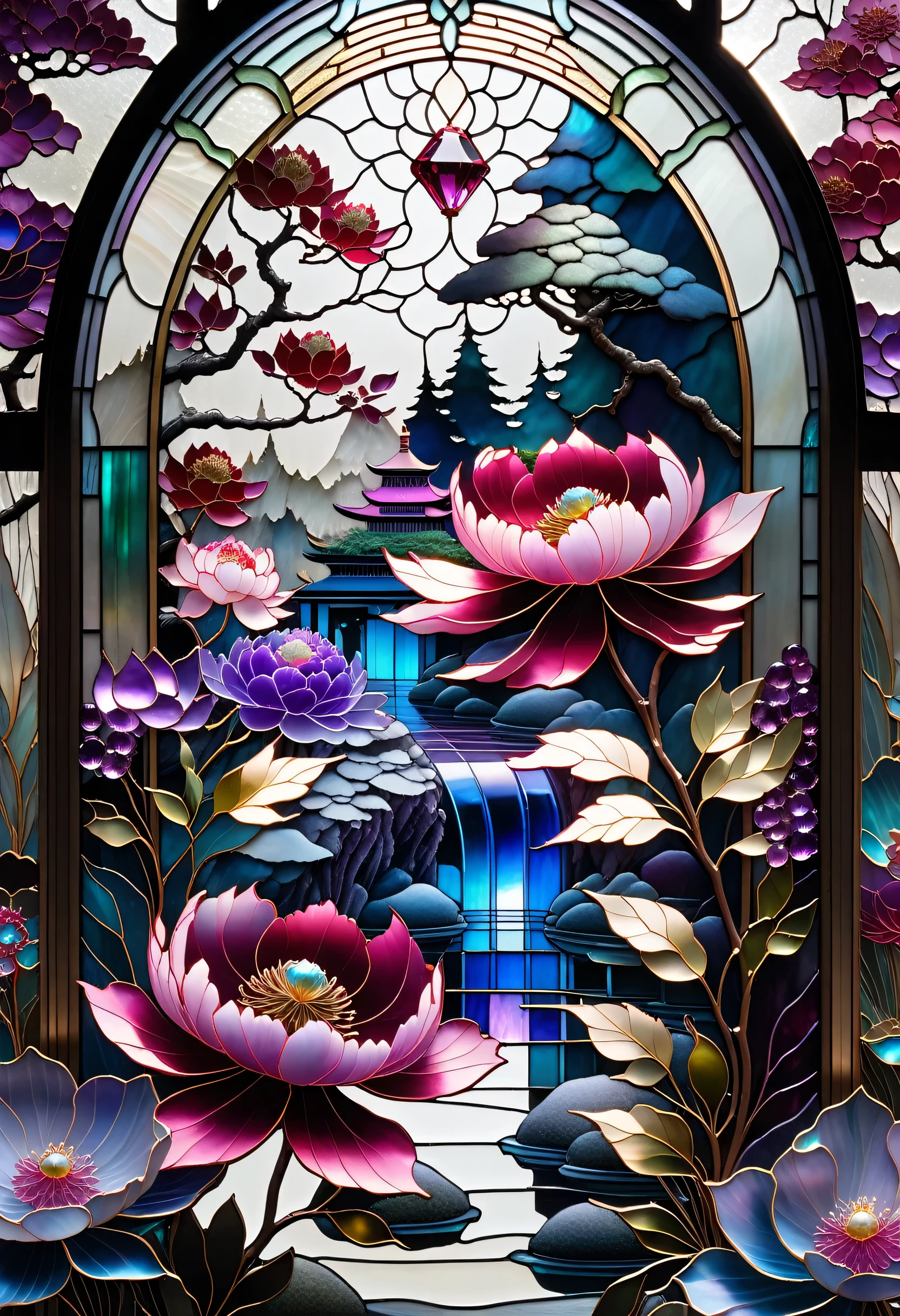3 colours, Cinematic, Transparent glass Japanese garden, Ruby Peony Flower, Ice Frost, Baroque, broadcast, very elaborate stained glass, Amethyst Crystal, Iridescent Labradorite Crystals, Andy Kehoe, John Blanche, Intricate and highly detailed backgrounds, Fantasy, Craftsmanship, Craftsmanship detailed, Complex