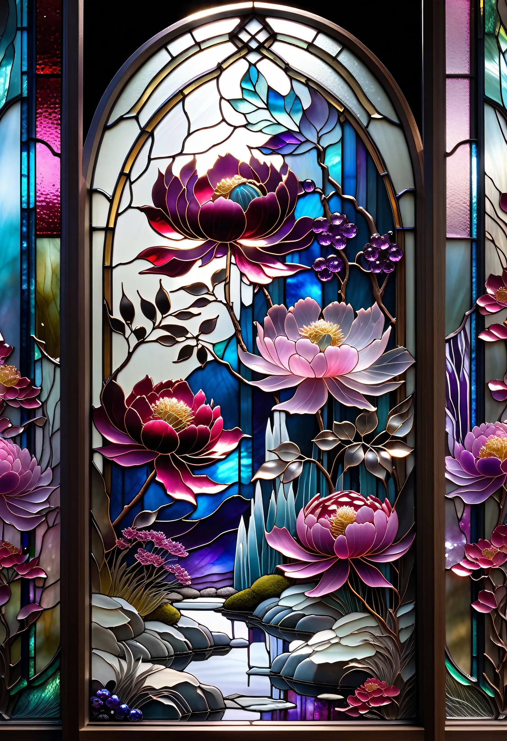 3 colours, Cinematic, Transparent glass Japanese garden, Ruby Peony Flower, Ice Frost, Baroque, broadcast, very elaborate stained glass, Amethyst Crystal, Iridescent Labradorite Crystals, Andy Kehoe, John Blanche, Intricate and highly detailed backgrounds, Fantasy, Craftsmanship, Craftsmanship detailed, Complex