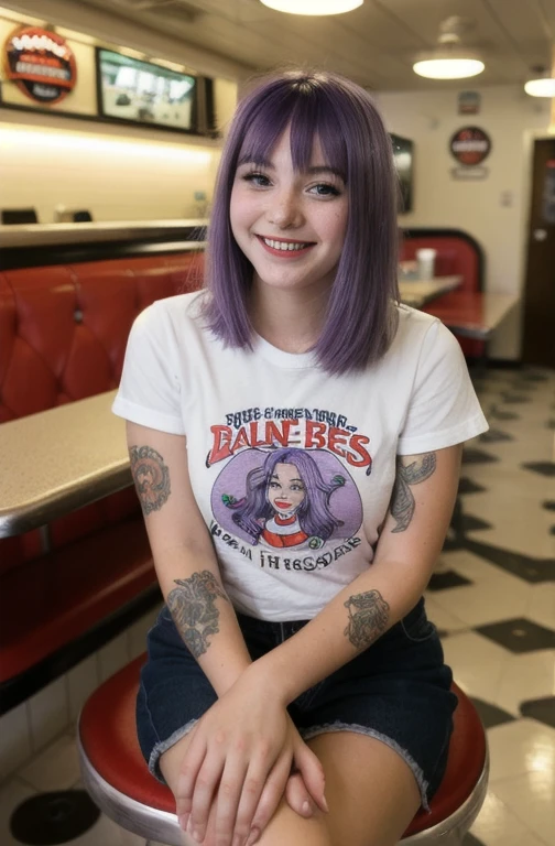 street photography photo of a young woman with purple hair, smile, happy, cute t-shirt, tattoos on her arms, sitting in a 50s diner