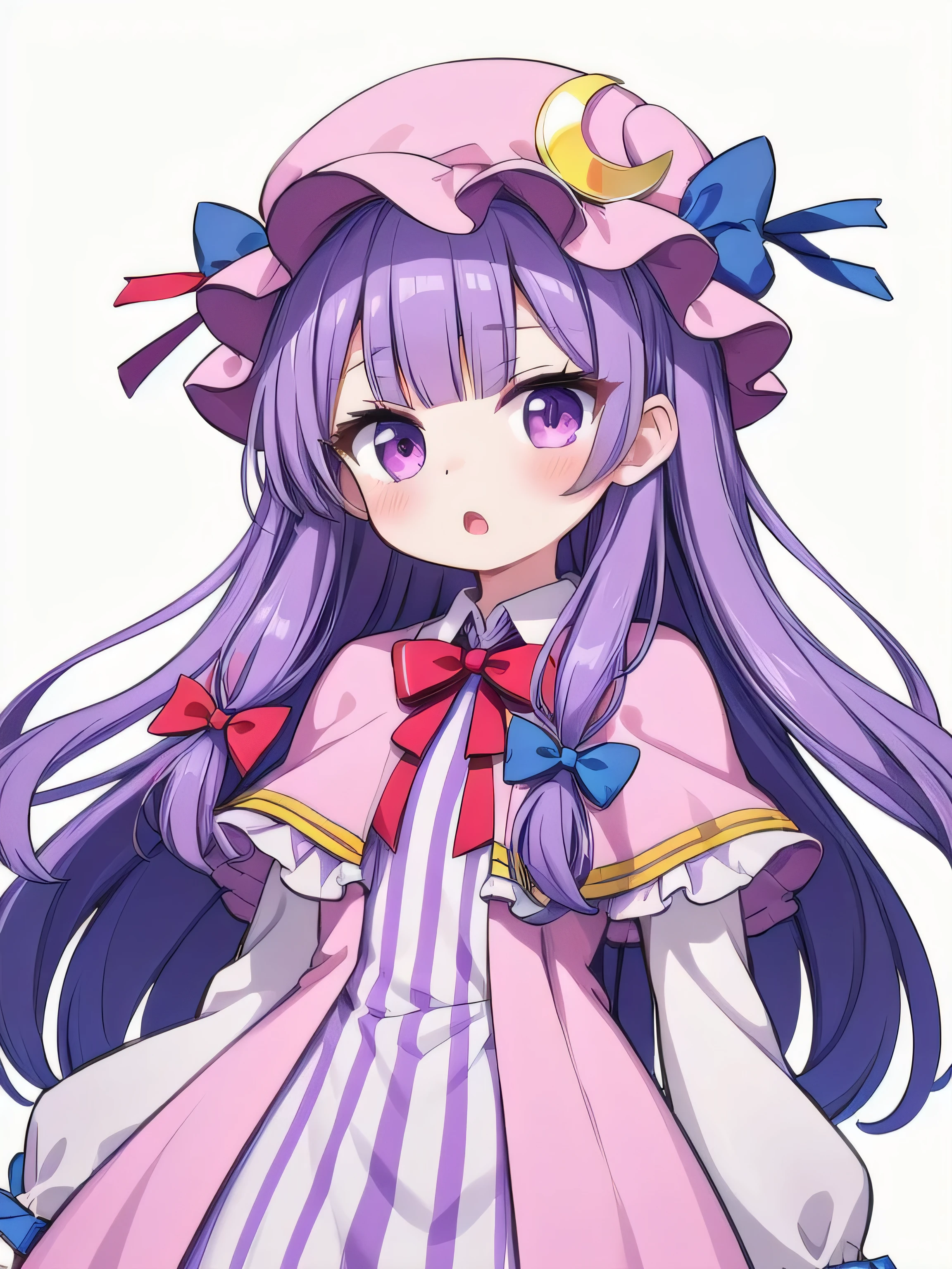masterpiece, top quality, super detailed, CG illustration, high resolution, better lighting, best shadows, very delicate and beautiful, proper shading, hd, 8k,patchouli knowledge, 1girl, solo, long hair, looking at viewer, blush, open mouth, bangs, long sleeves, hat, white background, dress, bow, ribbon, purple eyes, purple hair, hair bow, striped, blunt bangs, :o, red bow, capelet, blue bow, mob cap, hat ribbon, blue ribbon, pink bow, crescent, pink dress, vertical stripes, hat ornament, pink headwear, crescent hat ornament, magic circle, striped dress, vertical-striped dress