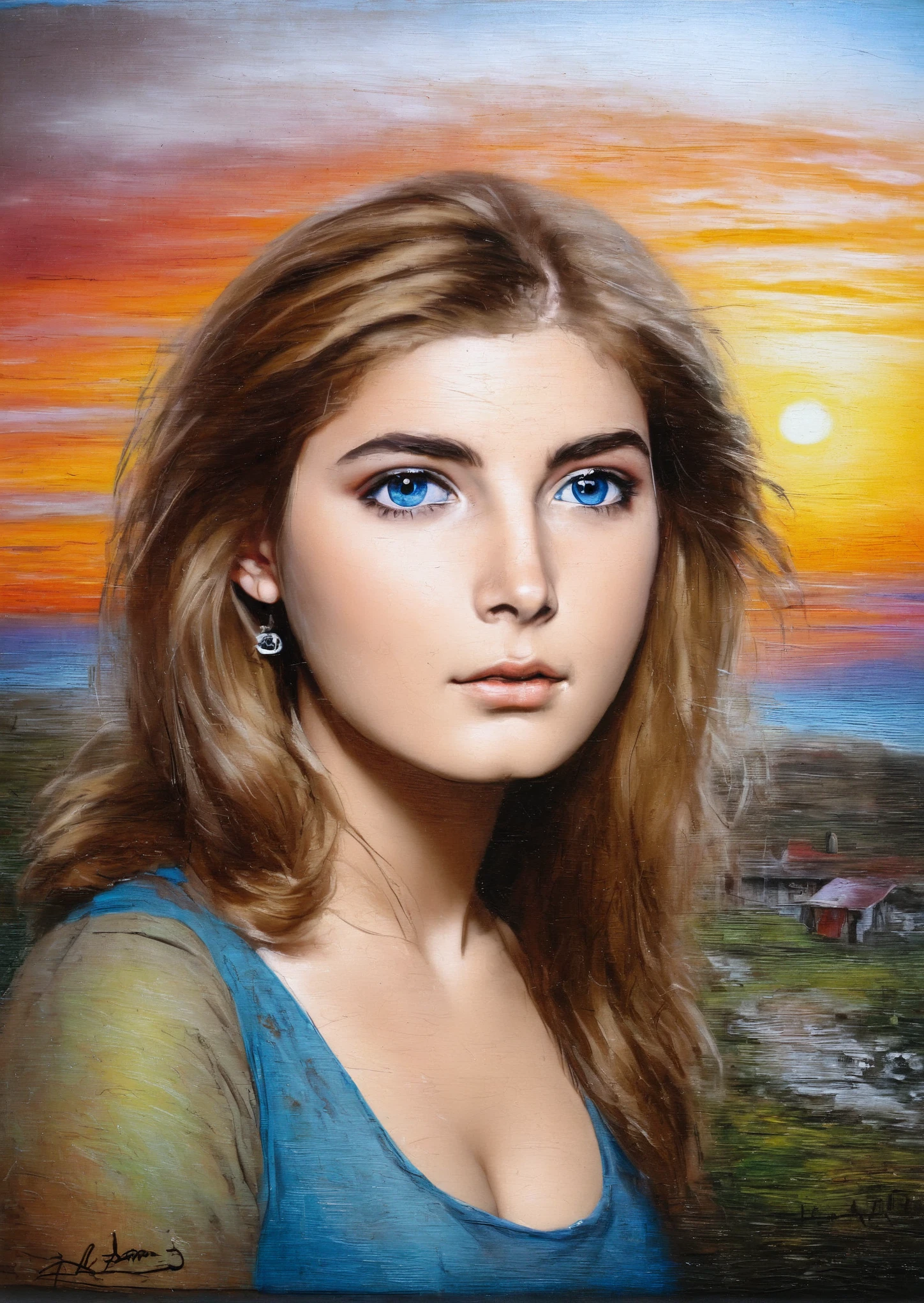 [[(front full portrait:  Brighton Sharbino (solo!!!) with big beauty eyes and a short hair oblique twister bob, crimson)((Cuno-Amiet style!!!))])):20]/[background: landscape Renaissance, old canva, (silver fog sunset), ((landscape style Alexey Savrasov:1,6))]/[very colorful,((oil painting palette knife))((masterpiece)),((highest detail))]]