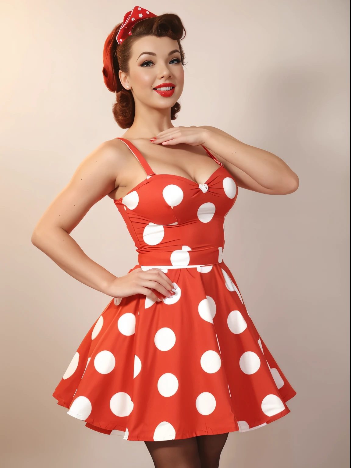 Full length photo of a girl. realistic 35 year old sexy emotional ,blonde. Her lips are slightly tubed, she has her mouth open, she squints one eye, as if she is winking, her mouth is open, adding mystery and sexuality. She touches her feet with surprise, taking a sexual position. The model is made in pin-up style with hair styled in victory rolls style. She has plump sexy red lips, she has average breasts and blows a sexy kiss. She portrays an American housewife, posing with a gift in various sexual positions. Her long hair creates the look of a pin-up girl. She is on a white background, red retro dress with large polka dots with fluffy, voluminous ballerina skirt bouffant dress. red retro bouffant dress with polka dots in pin-up style with large polka dots, a fluffy, voluminous ballerina skirt and a tutu. A red bandana on the head., and red stockings on her legs wears a red retro dress with large polka dots with a fluffy voluminous ballerina skirt. Red bandana on head, and red stockings on my feet. The photo is made in pin-up style, emphasizing the retro-USA vibe. winks blinks with one eye turns looks straight at the camera she touches her lips open mouth she laughs a lot