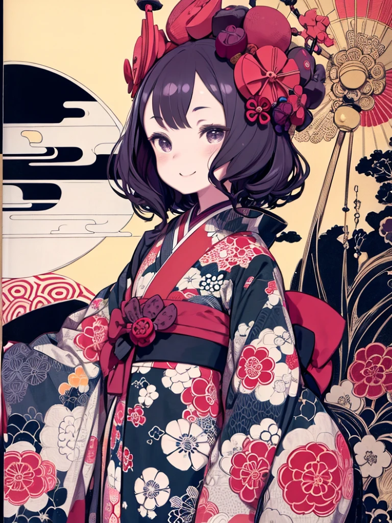 masterpiece、highest quality、High resolution、Very detailed、Beautiful eyeedium wide shot、Mature Woman、night、full moon、((((Flat Color))))、Katsushika Hokusai、Black Hair、look back、Smiling、kimono、kimono、kimono、