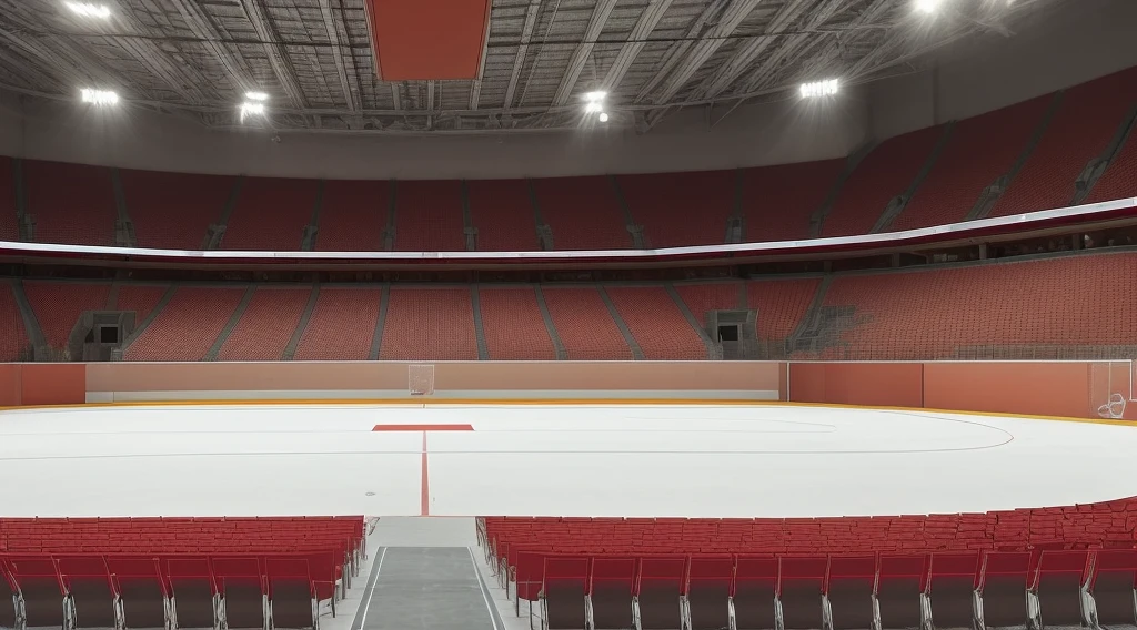This is the inside of the arena. Change the color of the chairs back to red. Change the color of the walls to solid white. More people are sitting on chairs and working on the field. Add rows of billboards and flags on the walls