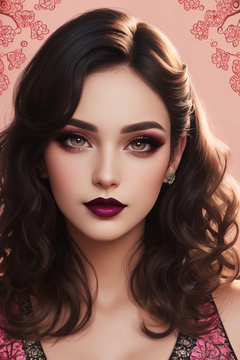 Gorgeous, very beautiful woman, perfect detailed dark eyes and eyelashes, wavy thick hair, beautiful makeup, dark pink lipstick, perfect face, birch background, sharp focus, filigree, digital painting light makeup