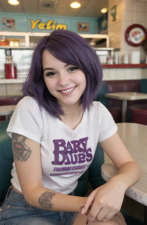 street photography photo of a young woman with purple hair, smile, happy, cute t-shirt, tattoos on her arms, sitting in a 50s diner