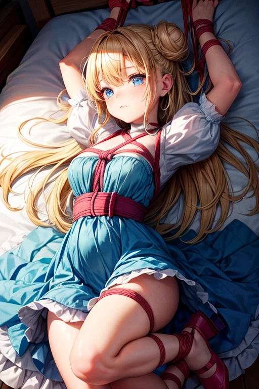 piperBS, 1girl, blonde hair, hair bun, blue dress, puffy sleeves, short sleeves, pink gloves, fingerless gloves, pink belt, shoes, blue footwear, cute and blushing 18 years old anime girl, look away because she is embarrassed and blushes, bright blue eyes, detailed face, detailed members, detailed arms, detailed hands, Girl lying, tied by ropes, shackled, can no longer move, tied tightly, very hard tied up with lots of ropes, hampered by so many ropes that she can no longer move, bound hands and feet, ropes tie his whole body, tied extremely tightly and forcefully to her bed by a lot of ropes, its limbs are strongly tied together by ropes, his torso is tied up with thick cords, her chest is so tied up with ropes that it sticks out, her legs are tied tightly with thick ropes, his hands are tied behind his back with ropes, she can no longer move her feet, her hands which are tied by thick ropes, she desperately tries to free herself, likes to be tied tight with big ropes, likes to be immobilized by big ropes, lying down, his hands and feet are strongly tied to the railing of his bed, his legs are pressed together and tied with ropes, its limbs are held vigorously by imposing ropes, her hands are tied securely behind her back by ropes, her chest is compressed by strong ropes, she is pressed against her bed and restrained by large ropes, (shibari, arms behind the back:1.4), (hands on the back), (masterpiece, best quality) 1.5, 1girl, solo, (sexy, beautiful woman, perfect face, perfect eyes, perfect hands), samus aran, (hands on the back), Spread the legs, s' ((lie in bed by big ropes)), ((close up of the girl)), ((((lie in bed)))), ((((arms tied behind the back, Legs Tied,La fille est allongée sur le ventre, La fille est allongée sur le sol:1.5)))), ((((girl seen from behind:1.4)))), ((((girl lying down on her stomach:1.4)))), ((((Outstretched arms:1.5)))), ((((Detailed hands:1.5)))), ((((bedroom decor:1.4))))