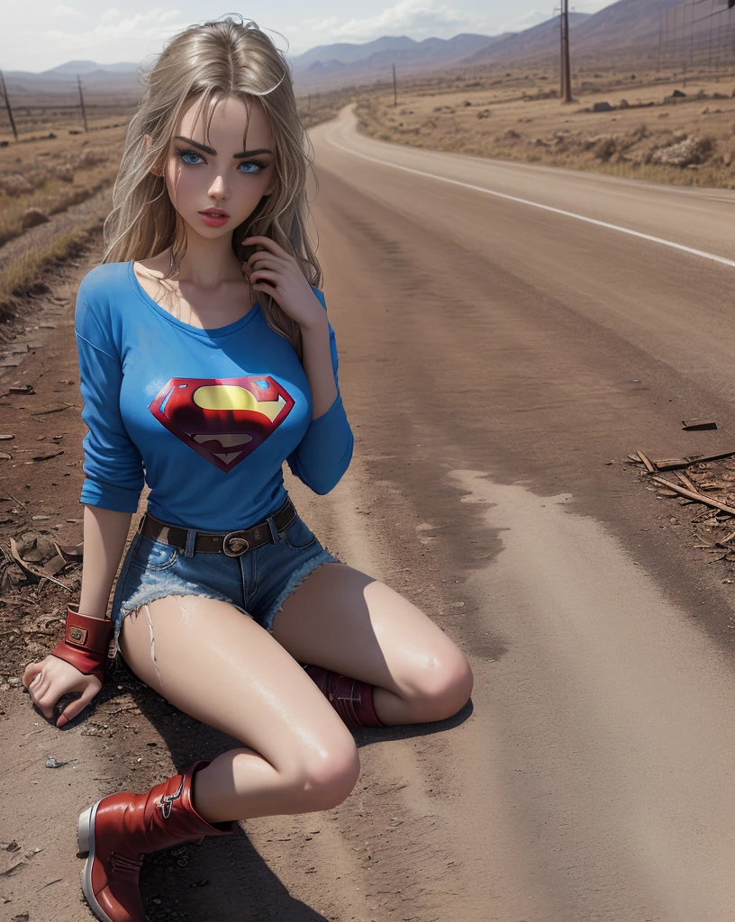 yael shelbia (Super Girl Beautiful and Bold, Seductive and captivating, blue eyes, Pointed breasts, Long blond hair and, Sweating, Open-front shirt with Superman "S" logo, shorts, I, Red Boots, Thick Legs). (Deserted Road, Dirt Road, Blood, smokes, Abandoned car, newspaper, Waste products, The body lies on the ground, Abandoned roads, Apocalyptic landscape, Effect), (best quality, masterpiece, Depth of Field, Full HD, 4K, Rich in details). Portrait style