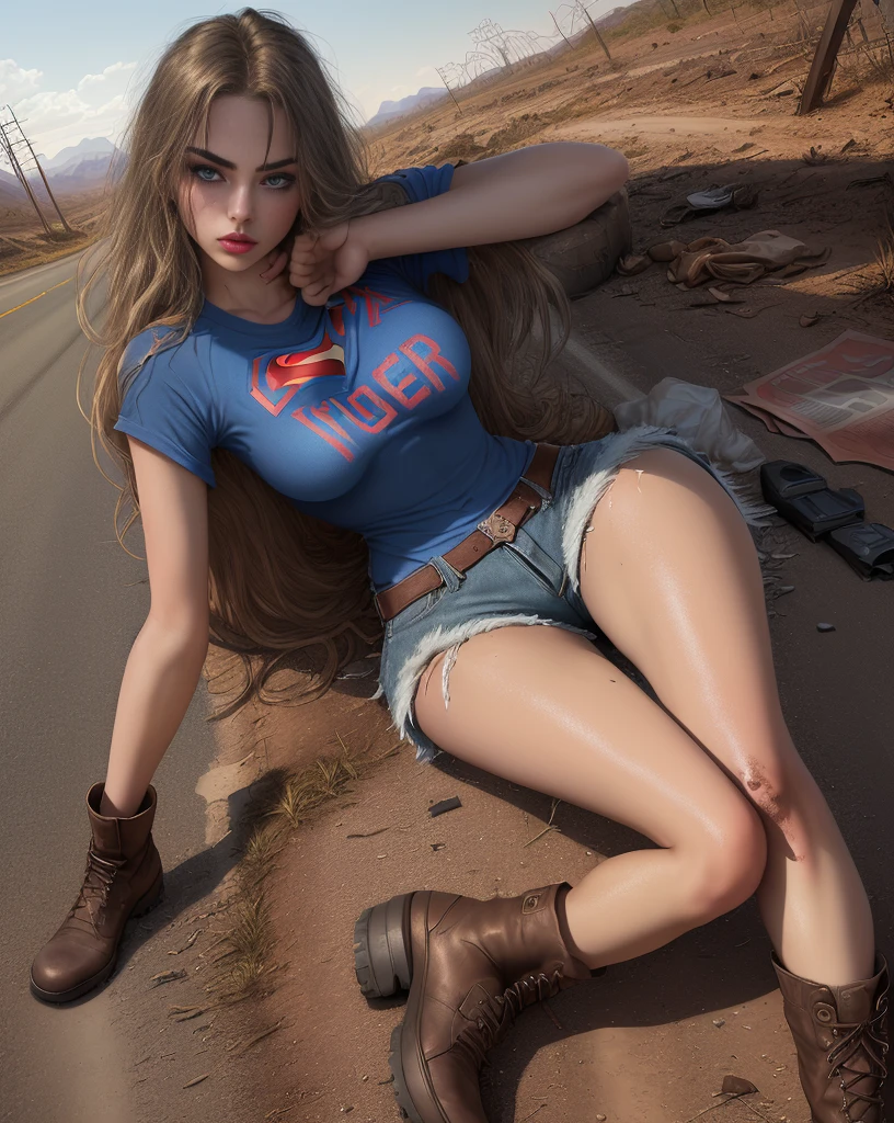 yael shelbia (Super Girl Beautiful and Bold, Seductive and captivating, blue eyes, Pointed breasts, Long blond hair and, Sweating, Open-front shirt with Superman "S" logo, shorts, I, Red Boots, Thick Legs). (Deserted Road, Dirt Road, Blood, smokes, Abandoned car, newspaper, Waste products, The body lies on the ground, Abandoned roads, Apocalyptic landscape, Movie Effects), (best quality, masterpiece, Depth of Field, Full HD, 4K, Rich in details). Portrait style