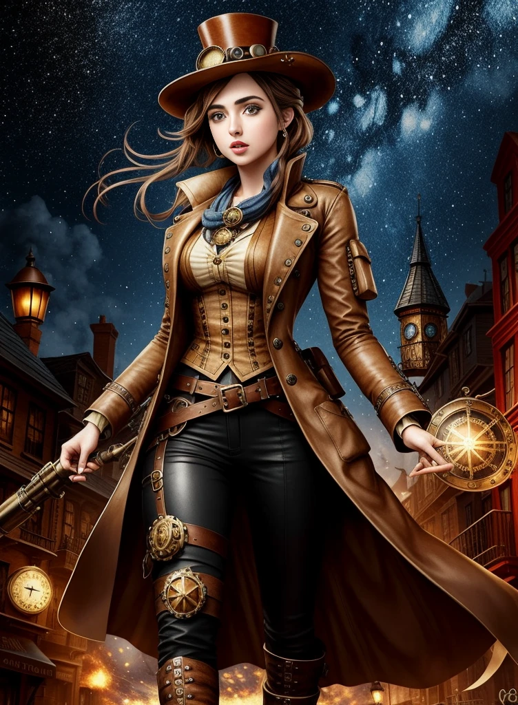 Cute steampunk Ana de Armas wearing stylish steampunk outfit on steampunk street, 8K Starry Night (Attacking Position )