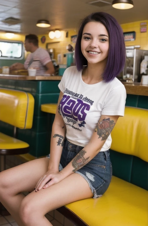 street photography photo of a young woman with dark purple hair, smile, happy, cute t-shirt, tattoos on her arms, sitting in a 50s diner