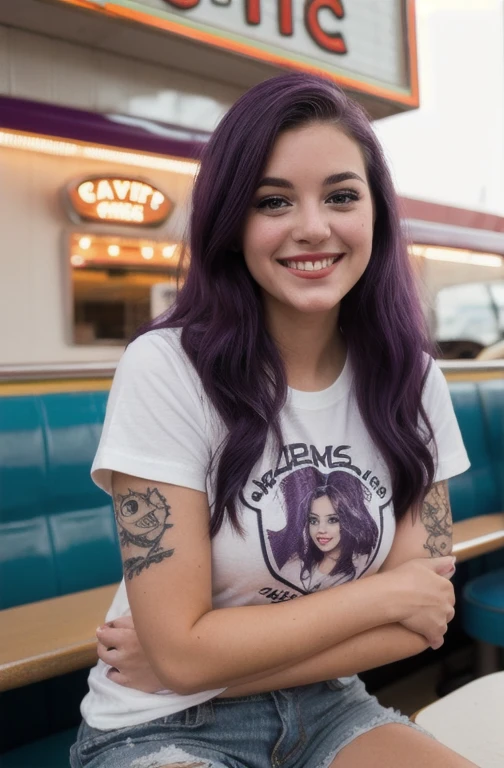 street photography photo of a young woman with dark purple hair, smile, happy, cute t-shirt, tattoos on her arms, sitting in a 50s diner