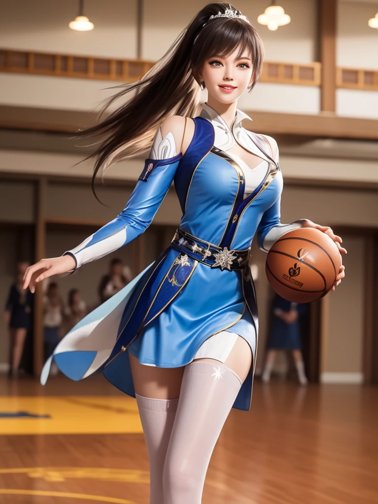 1 Girl, Long hair, skirt,Hair accessories, city View, night, High Leg Raise, Boss,白色skirt,Ponytail, Cowboy shooting, Long sleeve, belt,blue eyes,cosmetic,1 lady only, /(Basketball clothes/), Mature female, /(Light brown hair/) Bangs, Friendly smile, (Masterpiece Best Quality:1.2) Exquisite illustrations with rich details, Big BreastsBREAK /(Civic Gymnasium/) indoors