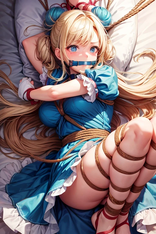 piperBS, 1girl, blonde hair, hair bun, blue dress, puffy sleeves, short sleeves, pink gloves, fingerless gloves, pink belt, shoes, blue footwear, ((((gagged)))), cute and blushing 18 years old anime girl, look away because she is embarrassed and blushes, bright blue eyes, detailed face, detailed members, detailed arms, detailed hands, Girl lying, tied by ropes, shackled, can no longer move, tied tightly, very hard tied up with lots of ropes, hampered by so many ropes that she can no longer move, bound hands and feet, ropes tie his whole body, tied extremely tightly and forcefully to her bed by a lot of ropes, its limbs are strongly tied together by ropes, his torso is tied up with thick cords, her chest is so tied up with ropes that it sticks out, her legs are tied tightly with thick ropes, his hands are tied behind his back with ropes, she can no longer move her feet, her hands which are tied by thick ropes, she desperately tries to free herself, likes to be tied tight with big ropes, likes to be immobilized by big ropes, lying down, his hands and feet are strongly tied to the railing of his bed, his legs are pressed together and tied with ropes, its limbs are held vigorously by imposing ropes, her hands are tied securely behind her back by ropes, her chest is compressed by strong ropes, she is pressed against her bed and restrained by large ropes, (shibari, arms behind the back:1.4), (hands on the back), (masterpiece, best quality) 1.5, 1girl, solo, (sexy, beautiful woman, perfect face, perfect eyes, perfect hands), samus aran, (hands on the back), Spread the legs, s&#39; ((lie in bed by big ropes)), ((close up of the girl)), ((((lie in bed)))), ((((arms tied behind the back, Legs Tied,La fille est allongée sur le ventre, La fille est allongée sur le sol:1.5)))), ((((girl seen from behind:1.4)))), ((((girl lying down on her stomach:1.4)))), ((((Outstretched arms:1.5)))), ((((Detailed hands:1.5)))), ((((bedroom decor:1.4)))), ((((realistic decor:1.4))))