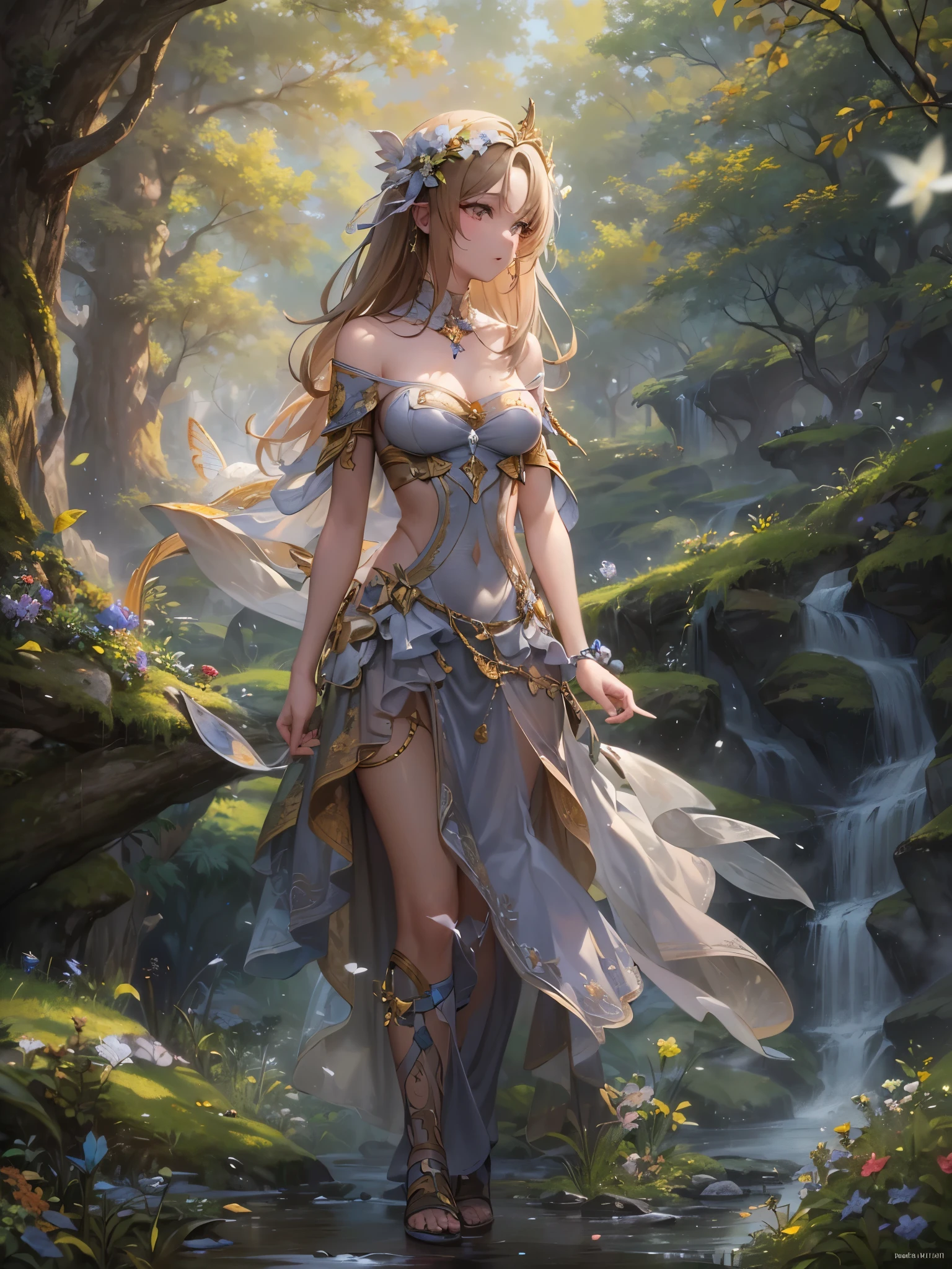 ((highest quality)),(Ultra-high resolution),(Super detailed new),(Detailed Description),((The best CG)),(A masterpiece),Ultra-detailed art,A wonderful new art form,(Art with precise detail:1.5), A lonely-looking fairy standing by a pure spring deep in the forest,