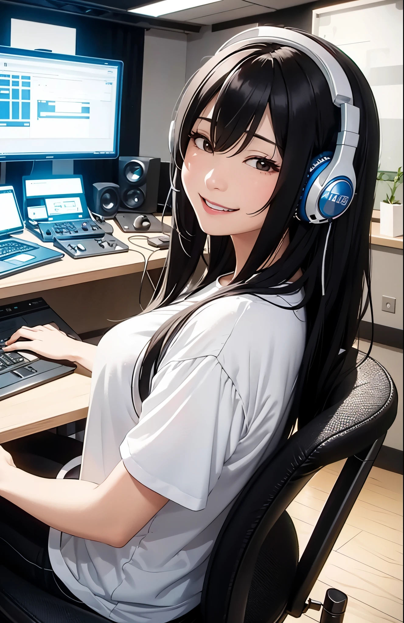 I put on big headphones、A woman in her 40s with a bright smile。With long black hair、She is smiling brightly.。The location is the studio、Very bright atmosphere。