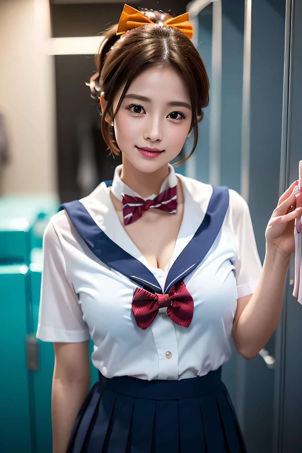(((locker room))),(((Change clothes in the changing room:1.3))),(((clothes on hangers:1.3))),(((Sailor suit))),(((Pleated skirt revealing skin))),(Dark red bow tie:1.3),Cute face,Extreme close up of face,Shiny light brown and orange striped short hair,Messy ponytail,Cute Smile,Perfect round face,iris,(hairpin、ponytail、Floating Hair、),Large Breasts.Professional Lighting,Cinematic Light,(Tabletop,highest quality,Ultra-high resolution output images,) ,(8K quality,),(Ocean Art 2.0 Mode:1.3),(Picture Mode Ultra HD,)