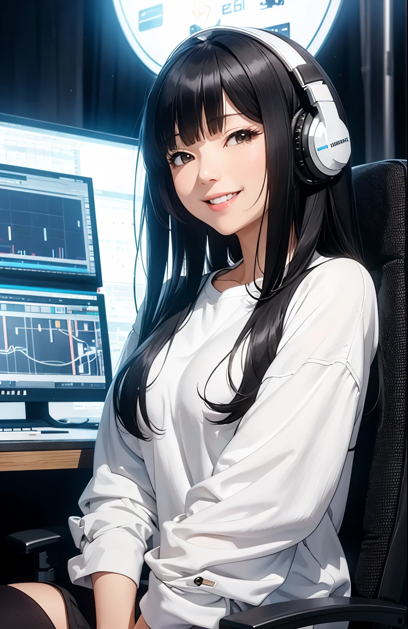 I put on big headphones、A woman in her 40s with a bright smile。With long black hair、She is smiling brightly.。The location is the studio、Very bright atmosphere。