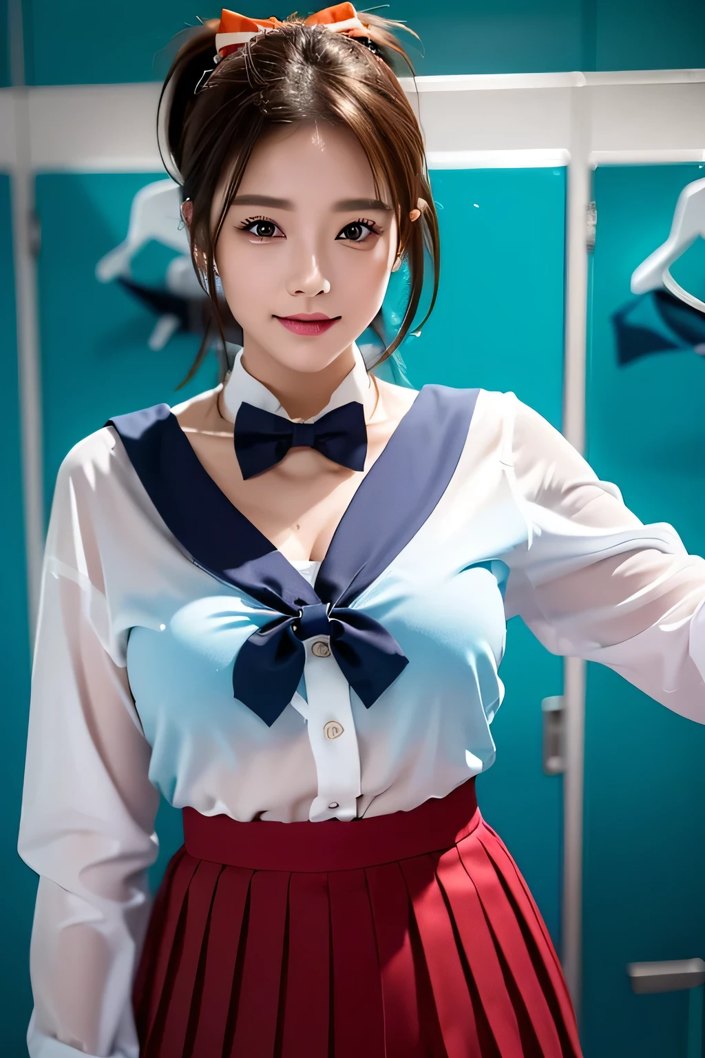 (((locker room))),(((Change clothes in the changing room:1.3))),(((clothes on hangers:1.3))),(((Sailor suit))),(((Pleated skirt revealing skin))),(Dark red bow tie:1.3),Cute face,Extreme close up of face,Shiny light brown and orange striped short hair,Messy ponytail,Cute Smile,Perfect round face,iris,(hairpin、ponytail、Floating Hair、),Large Breasts.Professional Lighting,Cinematic Light,(Tabletop,highest quality,Ultra-high resolution output images,) ,(8K quality,),(Ocean Art 2.0 Mode:1.3),(Picture Mode Ultra HD,)