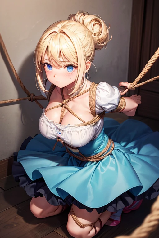 piperBS, 1girl, blonde hair, hair bun, blue dress, puffy sleeves, short sleeves, pink gloves, fingerless gloves, pink belt, shoes, blue footwear, cute and blushing 18 years old anime girl, look away because she is embarrassed and blushes, bright blue eyes, detailed face, detailed members, detailed arms, detailed hands, Girl lying, tied by ropes, shackled, can no longer move, tied tightly, very hard tied up with lots of ropes, hampered by so many ropes that she can no longer move, bound hands and feet, ropes tie his whole body, tied extremely tightly and forcefully to her bed by a lot of ropes, its limbs are strongly tied together by ropes, his torso is tied up with thick cords, her chest is so tied up with ropes that it sticks out, her legs are tied tightly with thick ropes, his hands are tied behind his back with ropes, she can no longer move her feet, her hands which are tied by thick ropes, she desperately tries to free herself, likes to be tied tight with big ropes, likes to be immobilized by big ropes, lying down, his hands and feet are strongly tied to the railing of his bed, his legs are pressed together and tied with ropes, its limbs are held vigorously by imposing ropes, her hands are tied securely behind her back by ropes, her chest is compressed by strong ropes, she is pressed against her bed and restrained by large ropes, (shibari, arms behind the back:1.4), (hands on the back), (masterpiece, best quality) 1.5, 1girl, solo, (sexy, beautiful woman, perfect face, perfect eyes, perfect hands), samus aran, (hands on the back), Spread the legs, s' ((lie in bed by big ropes)), ((close up of the girl)), ((((lie in bed)))), ((((arms tied behind the back, Legs Tied,La fille est allongée sur le ventre, La fille est allongée sur le sol:1.5)))), ((((girl seen from behind:1.4)))), ((((girl lying down on her stomach:1.4)))), ((((Outstretched arms:1.5)))), ((((Detailed hands:1.5)))), ((((bedroom decor:1.4))))