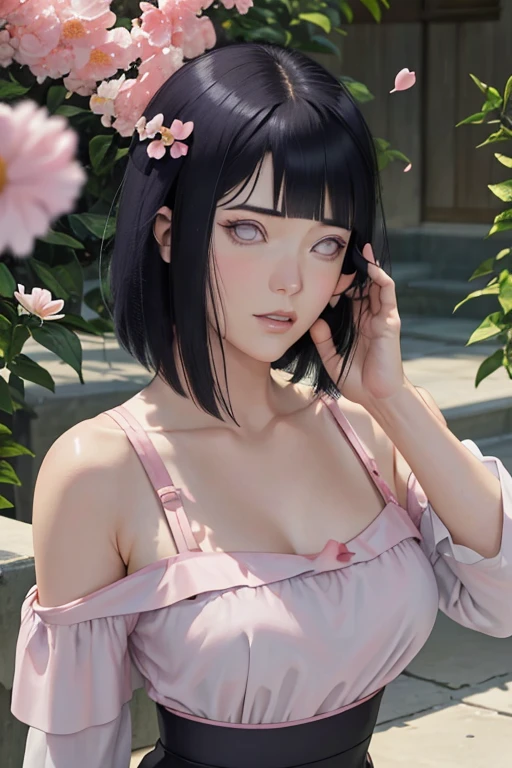 masterpiece, absurdres, hinata\(boruto\), 1girl, solo,mature female, off-shoulder strap bra, high waist short skirt, looking at viewer, (falling petals), perfect composition, detailed lips, big breast, beautiful face, body propotion, blush, (pink lips), long hair, purple eyes, soft gaze, super realistic, detailed, photoshoot, realistic face and body,