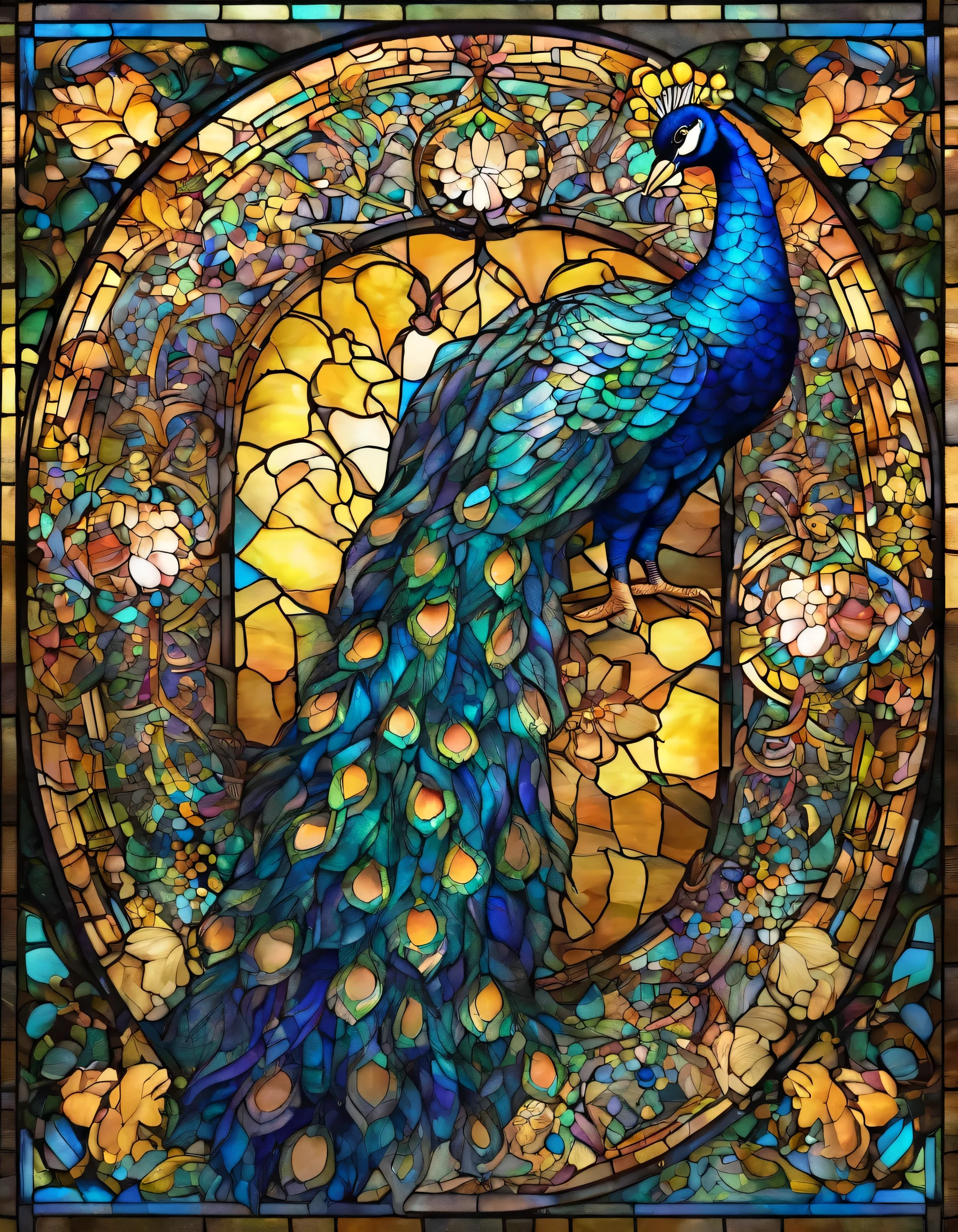 Peacock, Innocence、Transparent glass、very elaborate stained glass、Amethyst Crystal, Iridescent Labradorite Crystals、Intricate and highly detailed backgrounds, Fantasy, Craftsmanship, Craftsmanship detailed, Complex