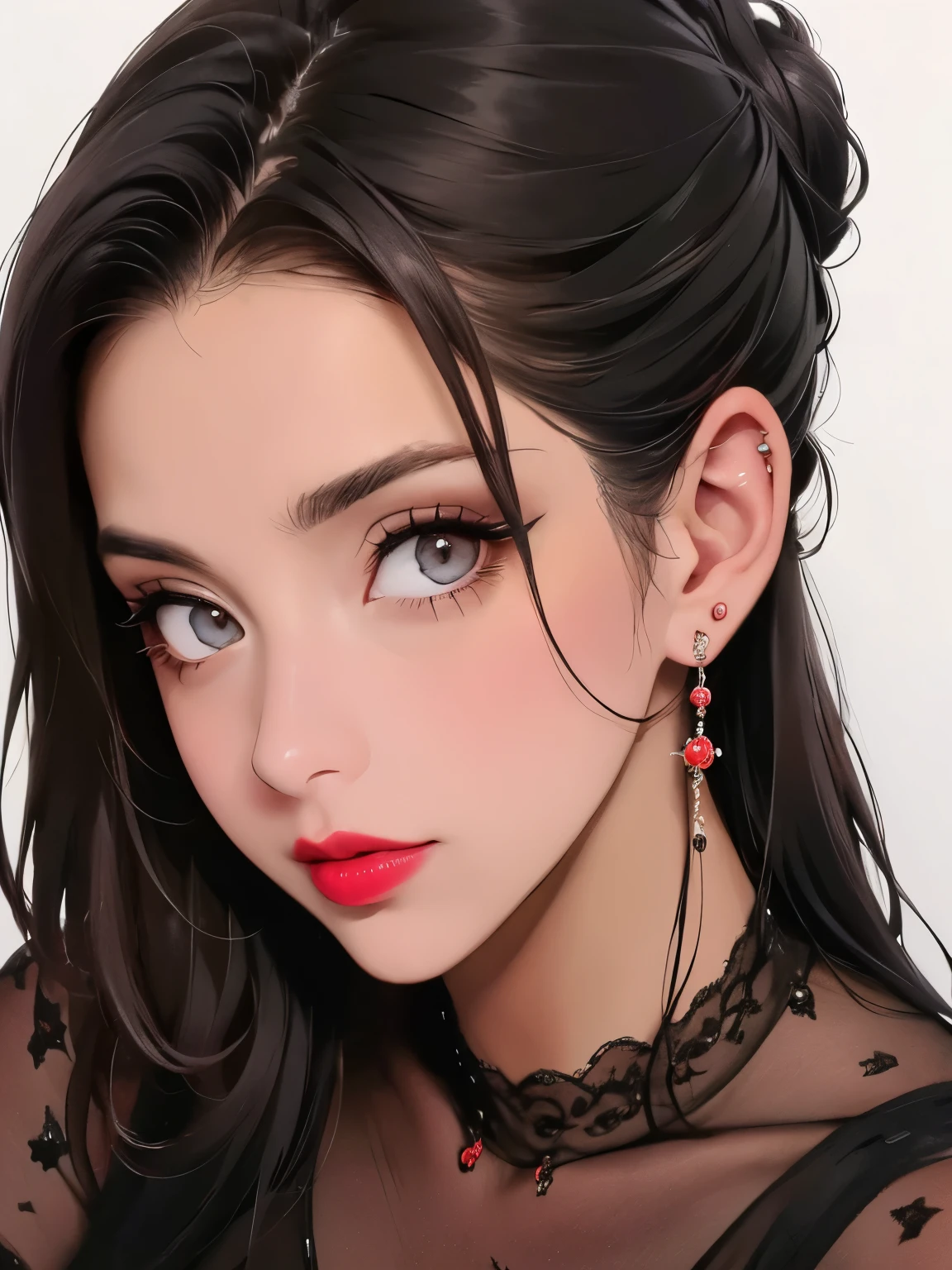 foto de mulher Italiana extremamente sexy, um estudante sexy, closeup retrato upsweep updo, (vermelho apertado manga comprida gola alta top decote grande), em um bar, obra-prima, fotorrealista, melhor qualidade, pele detalhada, intrincada, 8k, HDR, cinematic lighting, foco afiado, delineador, painted lips, brincos, olhos azuis sedutores extremamente sexy,