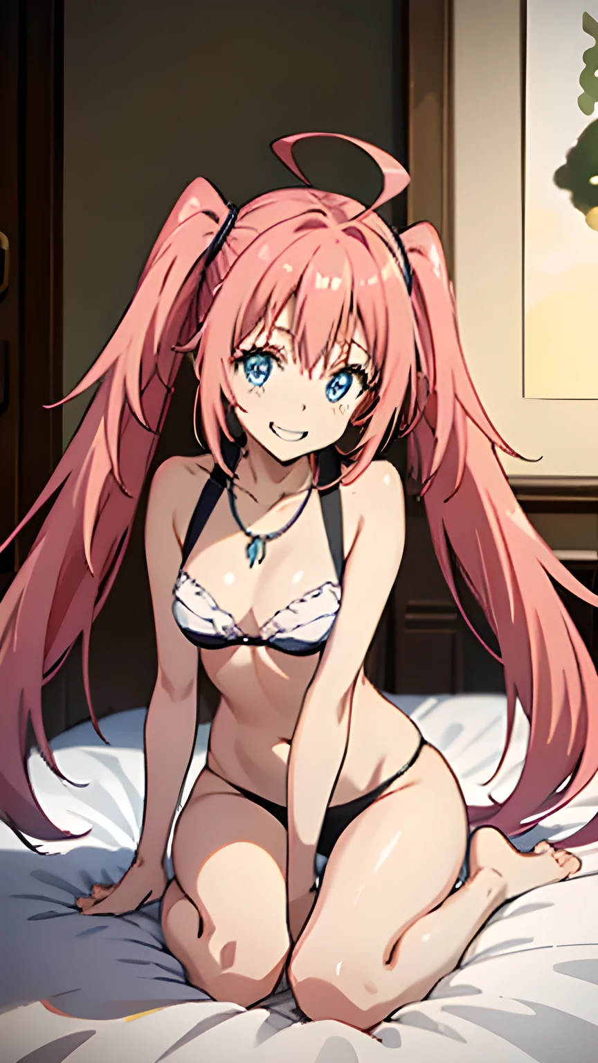 masterpiece, highest quality, High resolution,Anime Style、Characters from Tensura、Milim Platinum pink hair(Twin tails:1:20)(Ahoge:1:10)、blue eyes、About 、、Smile with your mouth closed、The double tooth shines、Red on the neck、white、A necklace with a blue magatama、Border socks、Smiling innocently、Bikini、Lie down on the bed、Bend your knees and spread your legs(angle:from the front)
