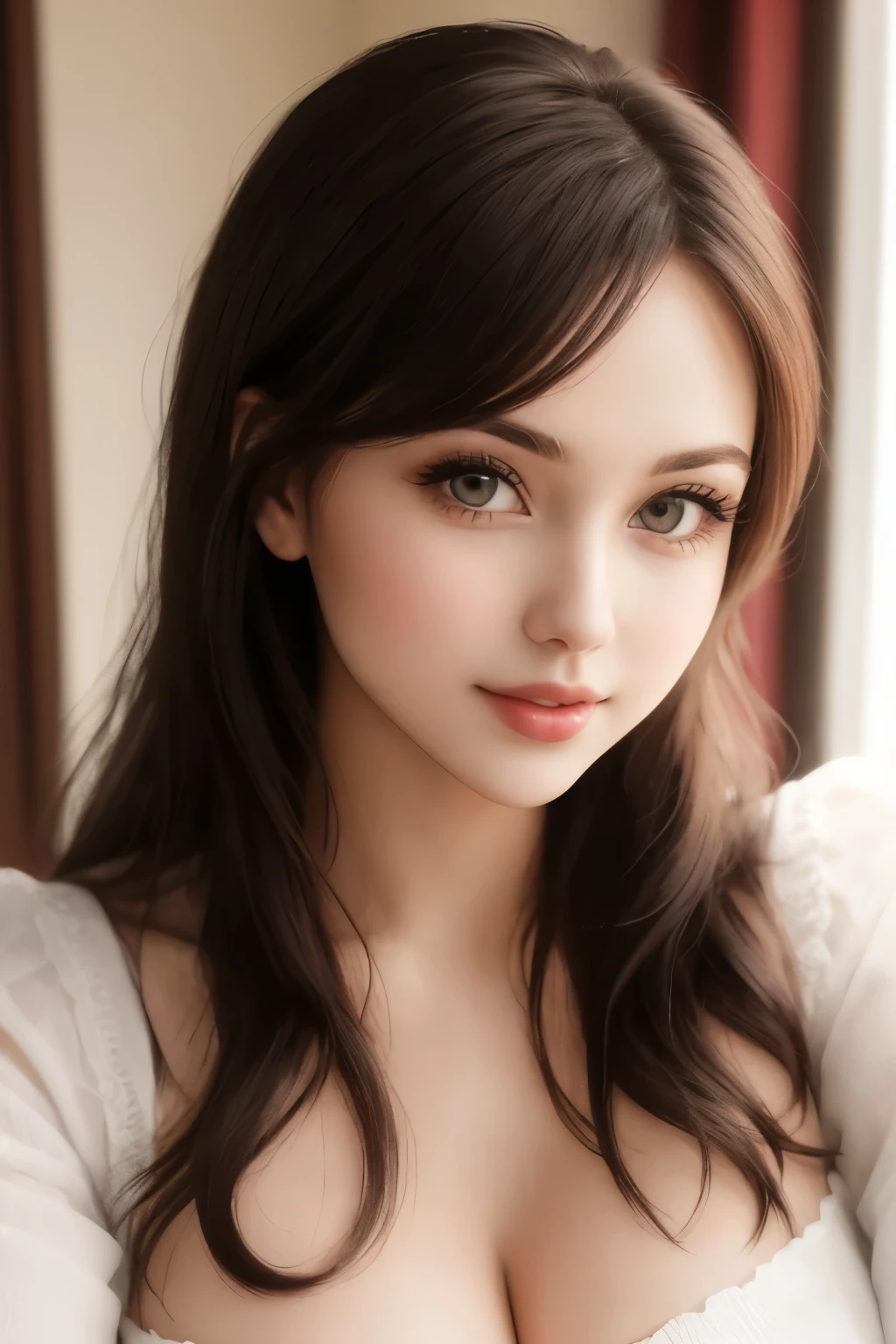 beautiful girl, brown eyes, beautiful 18 year old girl, Brown highlights hair, undercut pixie hair, short hair, lips, realistic, narrow waist, charming, pink lipstick, colorful makeup, long eyelashes, fair skin, (cute), (detailed face), detailed eyes, detailed iris, (large breasts:1.2), (corset, white top), ((cowboy shot))
