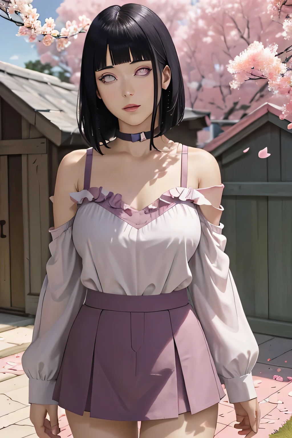 masterpiece, absurdres, hinata\(boruto\), 1girl, solo,mature female, off-shoulder strap bra, high waist short skirt, looking at viewer, (falling petals), perfect composition, detailed lips, big breast, beautiful face, body propotion, blush, (pink lips), long hair, purple eyes, soft gaze, super realistic, detailed, photoshoot, realistic face and body,