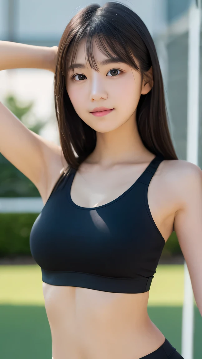 ((The body is turned towards the viewer)), highest quality, 8K, 15 year old student, Ten generations, RAW photo, 、, , smile, , alone, , , , gardenia, delicate girl, Upper body, Digital single-lens reflex camera, looking at the viewer, Frank, Sophisticated, , thin arms, professional lighting, film grain, chromatic aberration, (Eye and face details:1.0), (Bokeh:1.1), (arms at sides down:1.2) , do not emphasize the top of the bust, wearing sports_bra,
