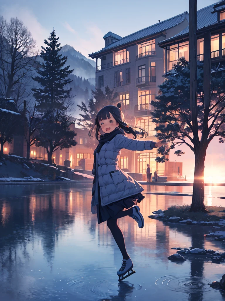 masterpiece、highest quality、High resolution、Very detailed、Beautiful eyeedium wide shot、Girl、Winter clothes、Frozen pond、Skating、laughing、