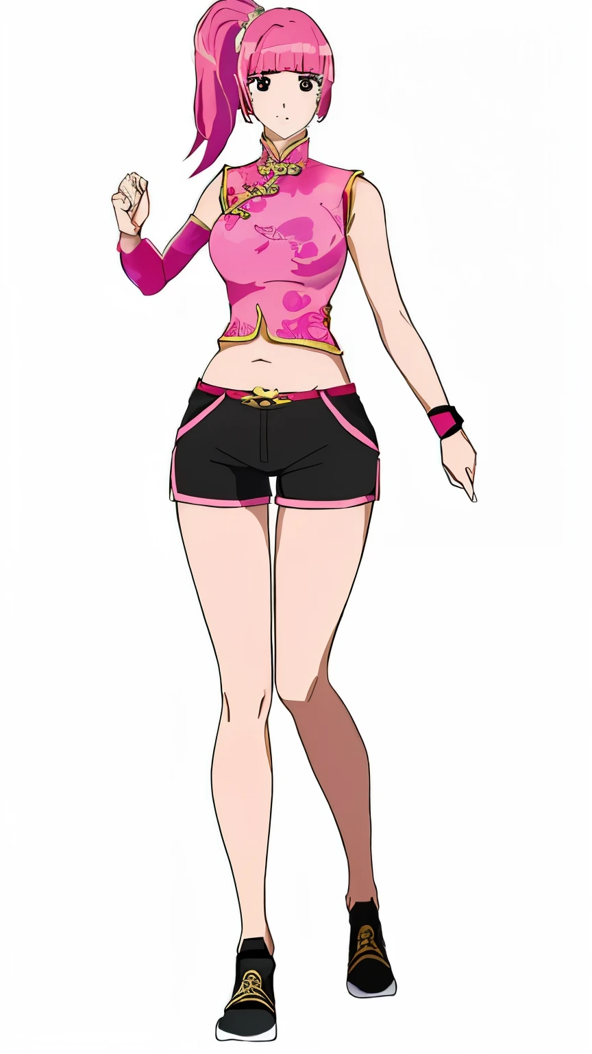 white background、Sleeveless、No sleeve、Black shorts、Chinese clothing、wide shot,full body、Belly button、Pink Wristbands、No sleeve、Side Ponytail、Pink Hair、Blunt bangs, High resolution, 1 girl, Korean, Black shorts、super fine illustration,(((beautiful fine hair))),(((beautiful fine face))),(((beautiful fine background))),