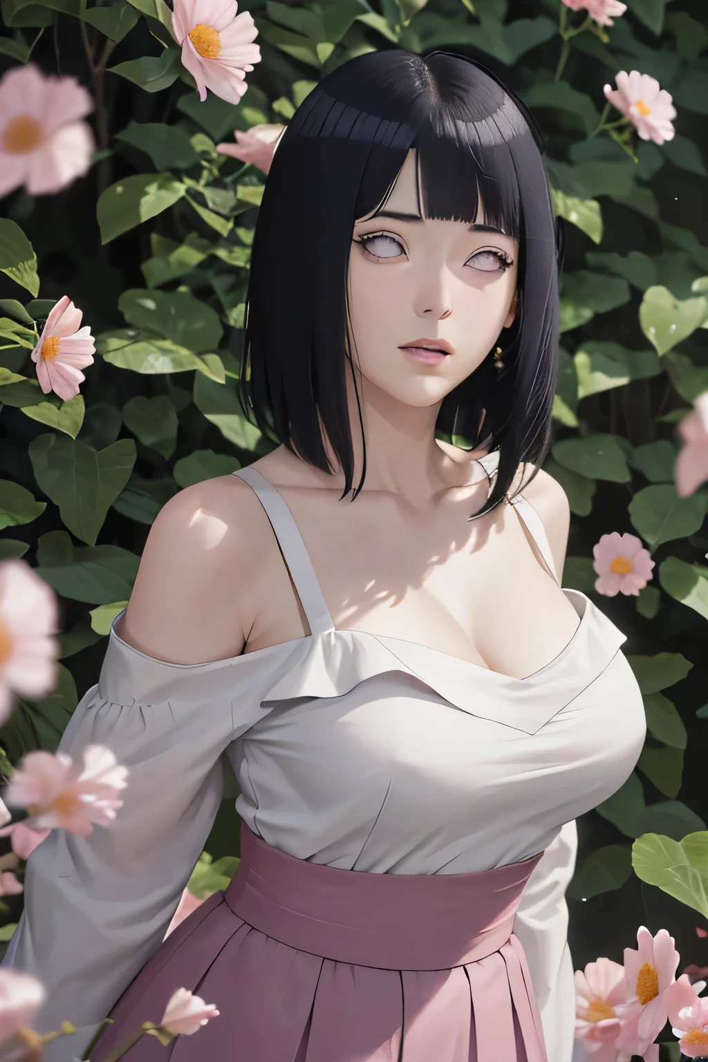 masterpiece, absurdres, hinata\(boruto\), 1girl, solo,mature female, off-shoulder strap bra, high waist short skirt, looking at viewer, (falling petals), perfect composition, detailed lips, big breast, beautiful face, body propotion, blush, (pink lips), long hair, purple eyes, soft gaze, super realistic, detailed, photoshoot, realistic face and body,