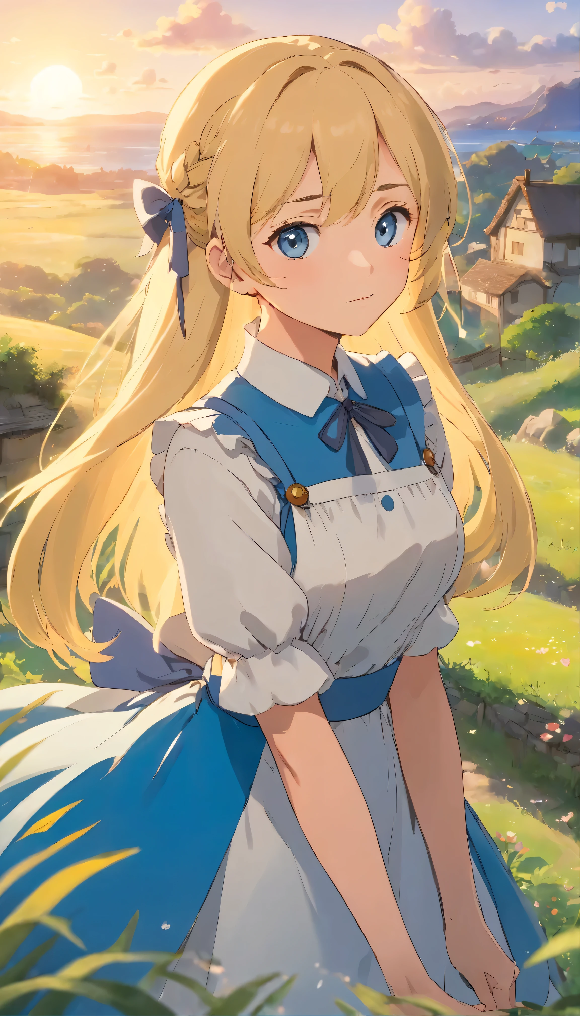 (8K、CG Unity、Ultra-high-definition masterpiece:1.2) Amazingly detailed CG Unity8K wallpaper、Captivating blonde haired woman with cascading long locks and expressive blue eyes、Siona's solo portrayal。A lock of hair adorns the head、She is wearing a seductive maid outfit。(Cinematic Outdoor Settings:0.9) Picturesque landscape background、Shiona is captured in a cowboy shot、The wind gently brushes her face。The setting sun casts a warm light on her、It creates ether