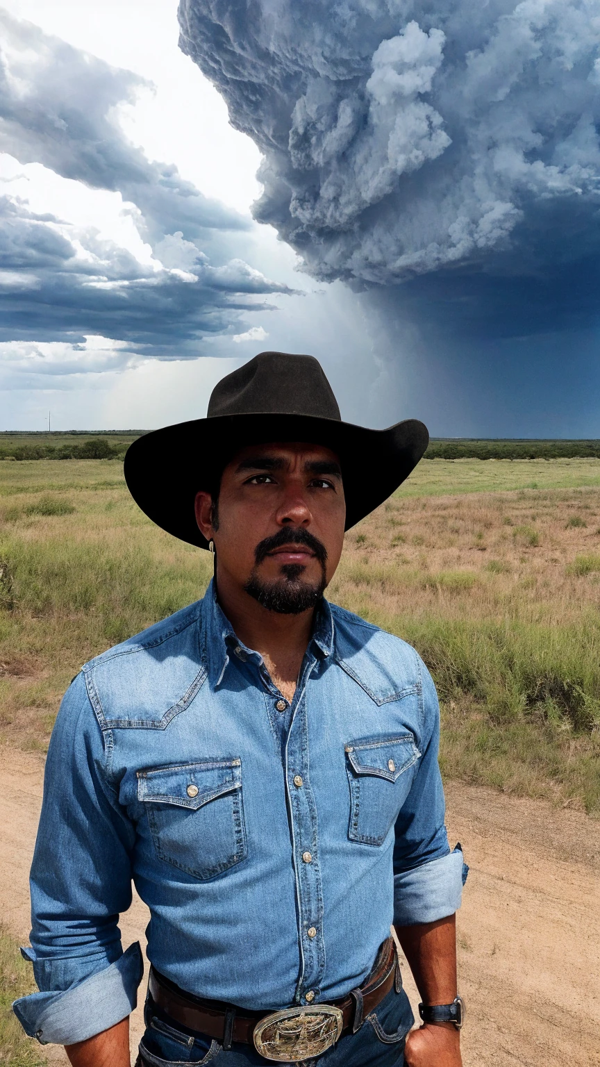 American ethnicity Storm Chaser guy from Del Rio, Black hair, Cowboy hat, collared shirt, large belt buckle, looking away from viewer, storm in background, selfie