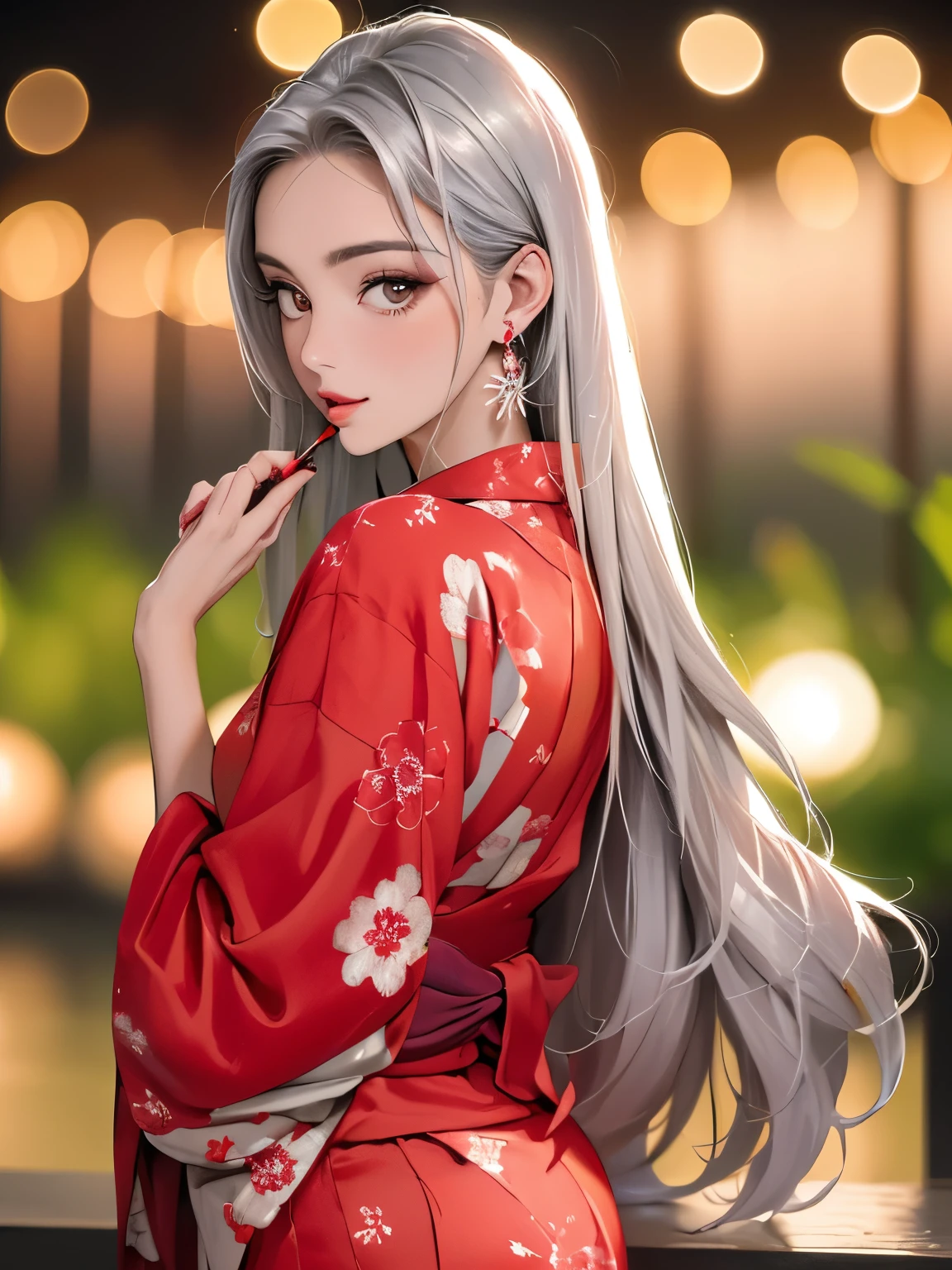 (obra-prima, melhor qualidade: 1.4) (bonito, aesthetic, fofo, adorable:1.2), (profundidade de campo:1.2), sexy, forma feminina perfeita, olhos expressivos, cabelos longos, Asian teen delinquent with kendo stick, noite escura, luzes neon, bokeh, cores vibrantes, maquiagem pesada, batom vermelho sangrento, cabelo vermelho ardente, yukata rosa, extensas tatuagens vermelhas e pretas, silver jewelry, decote