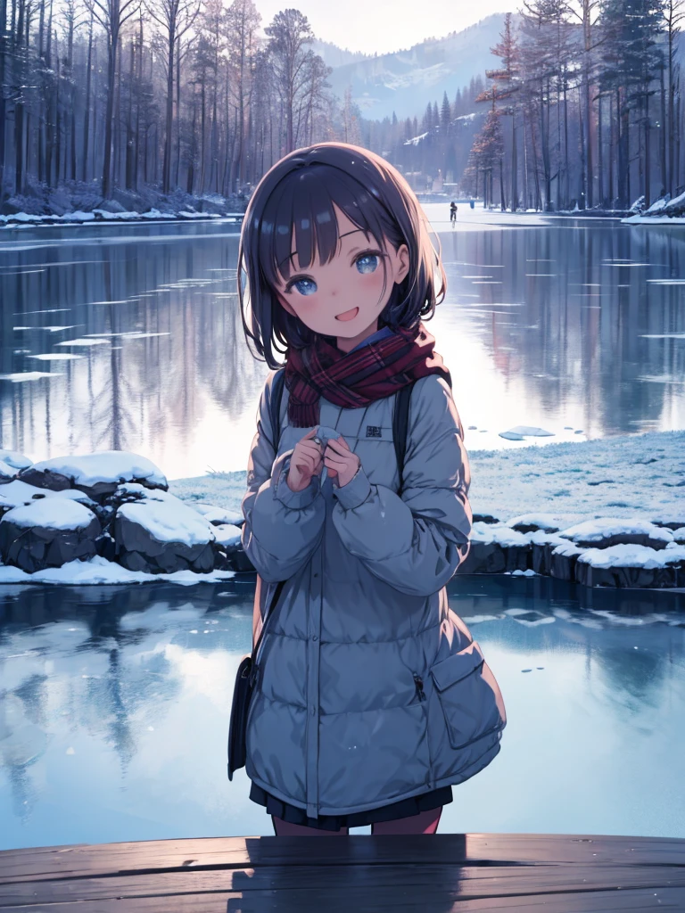 masterpiece、highest quality、High resolution、Very detailed、Beautiful eyeedium wide shot、Girl、Beautiful eyes、Watching the audience、Winter clothes、Frozen pond、Skating、laughing、