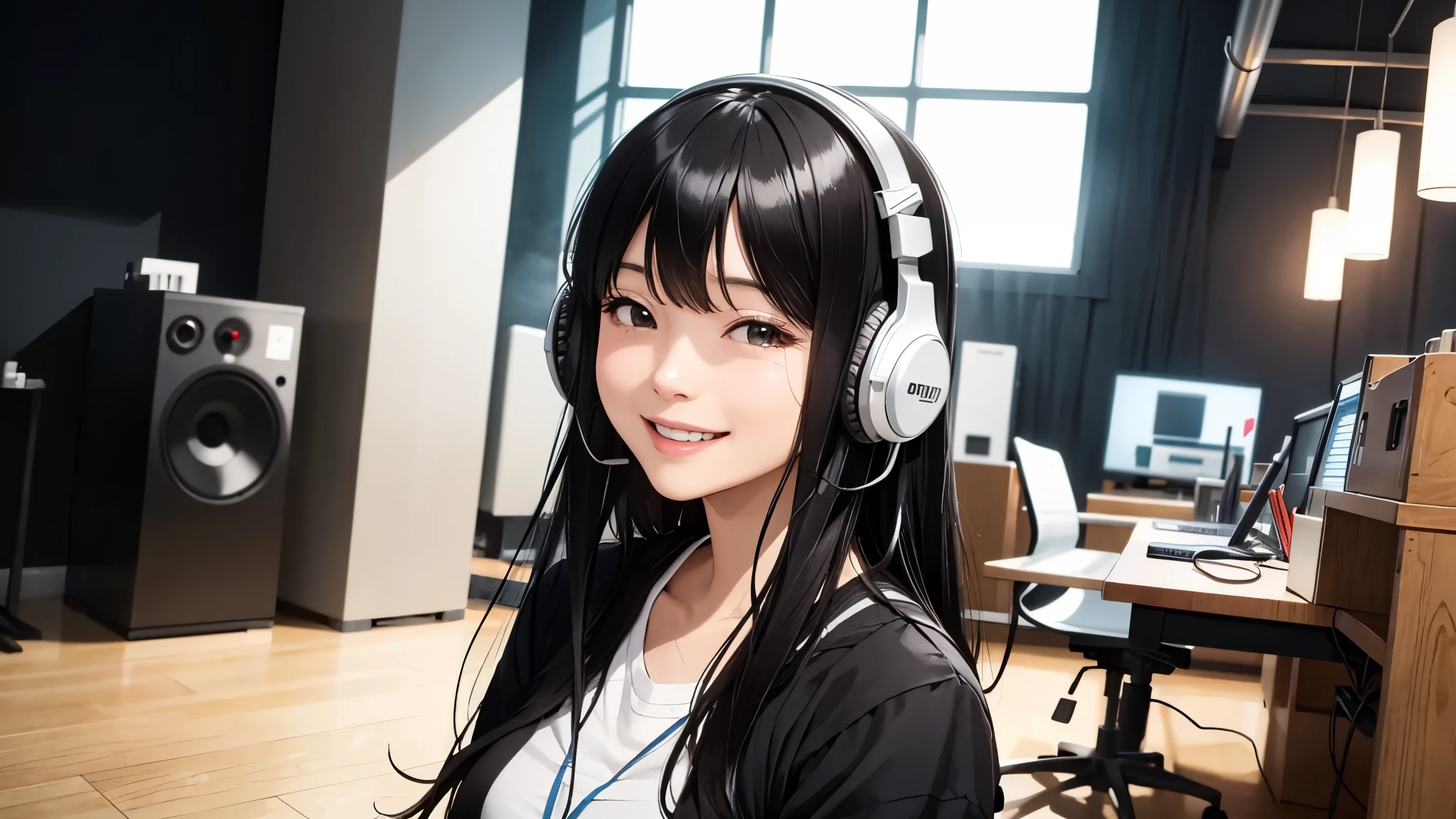I put on big headphones、A woman in her 40s with a bright smile。With long black hair、She is smiling brightly.。The location is the studio、Very bright atmosphere。