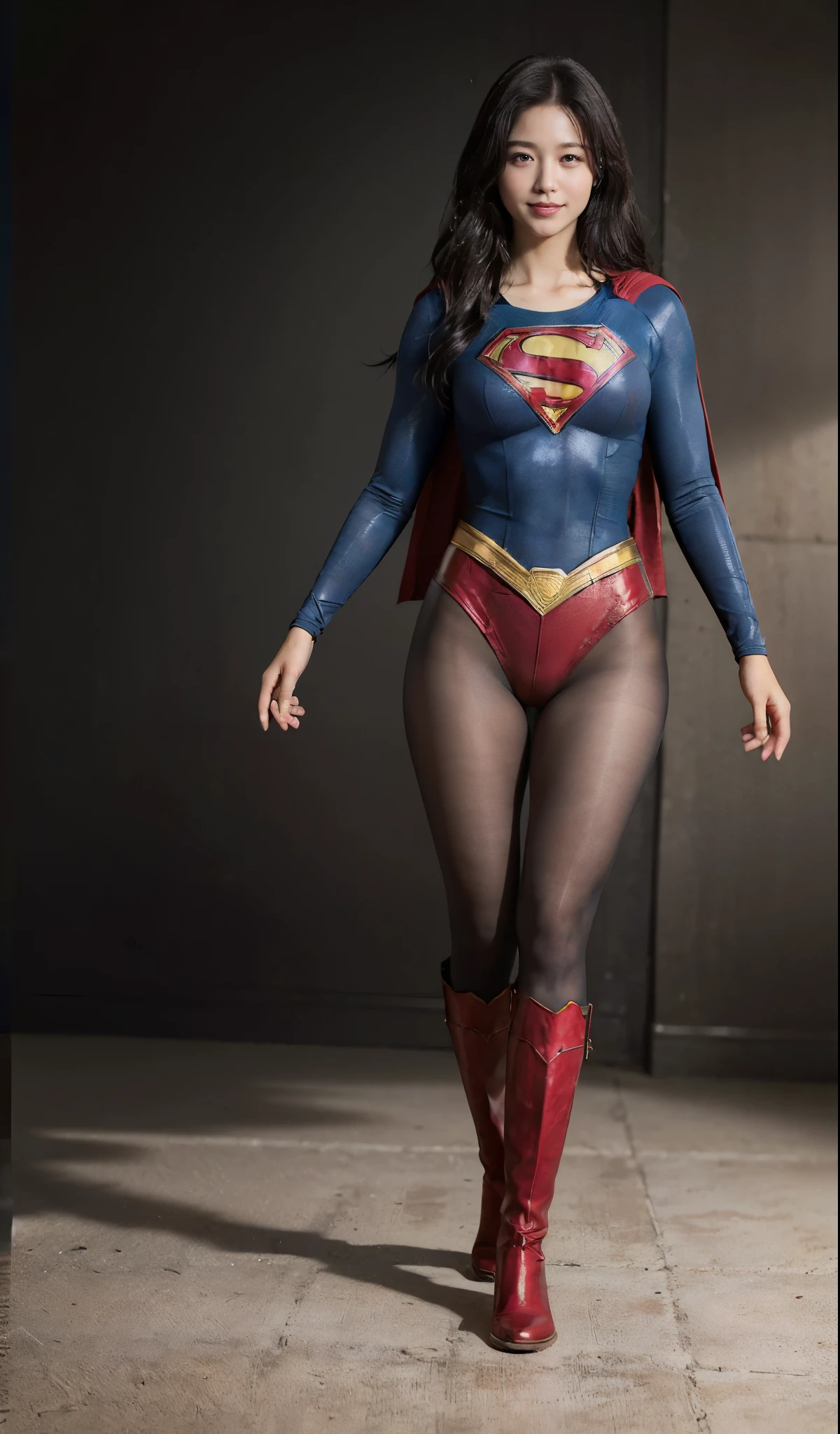 No background、(((Beautiful legs in black tights.)))、(((Legally express the beauty of your smile)))、((((Make the most of your original images)))、(((Supergirl Costume)))、(((ボディにフィットしたSupergirl Costume)))、(((Beautiful Hair)))、(((Smiles and winks)))、(((Please wear black tights....、Wear red boots)))、((Best image quality、8k))、((highest quality、8k、masterpiece:1.3))、(((Preserve background )))、Sharp focus:1.2、Beautiful woman with perfect figure:1.4、Slim Abs:1.2、Wet body:1.5、Highly detailed face and skin texture、8k