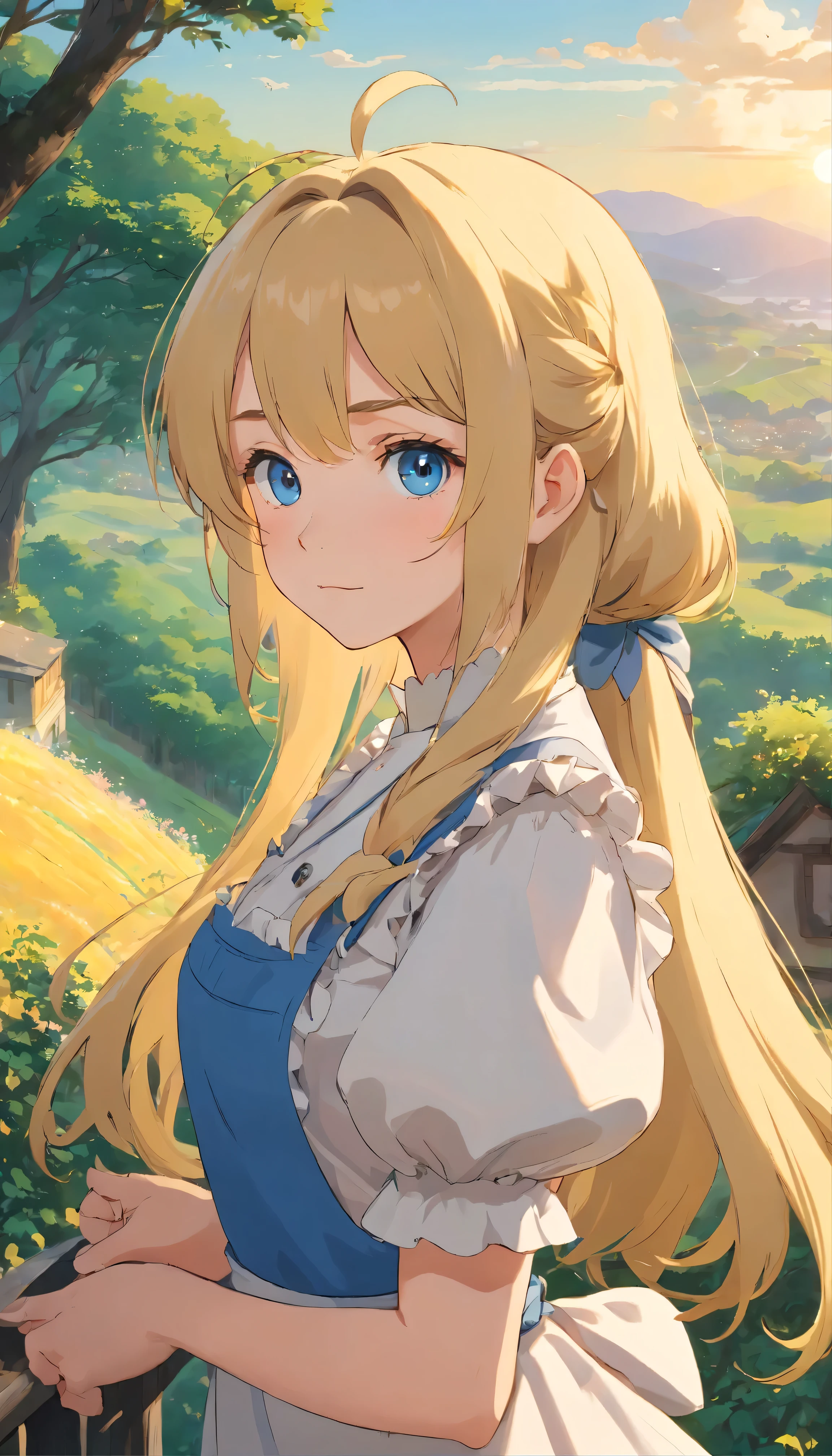 (8K、CG Unity、Ultra-high-definition masterpiece:1.2) Amazingly detailed CG Unity8K wallpaper、Captivating blonde haired woman with cascading long locks and expressive blue eyes、Siona's solo portrayal。A lock of hair adorns the head、She is wearing a seductive maid outfit。(Cinematic Outdoor Settings:0.9) Picturesque landscape background、Shiona is captured in a cowboy shot、The wind gently brushes her face。The setting sun casts a warm light on her、It creates ether