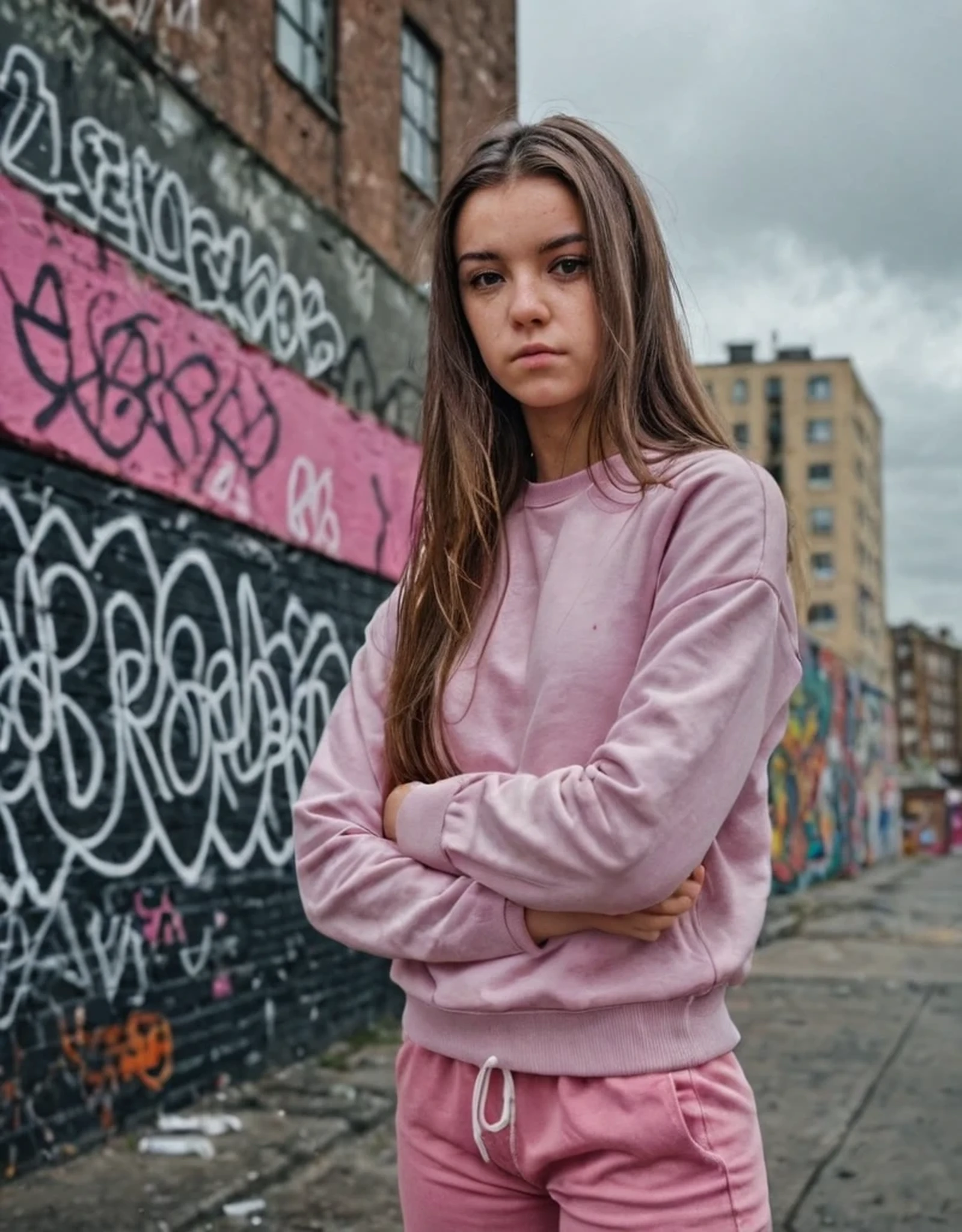 woman, standing, folded arms, city background, casual attire, color-block sweatshirt, pink pants, serious expression, blurred background, urban setting, daytime, street scene, young adult, female, graffiti, overcast sky, long hair, natural makeup, fashion, portrait orientation, soft focus, streetwear., Fujifilm XT3, Canon R5, Fujicolor Fujichrome Velvia 100