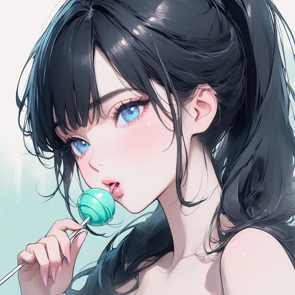 Girl, black hair, blue eyes, beautiful, strapless mint dress, pastel colors, face close-up, flat, ponytail, sucking a lollipop, lipgloss, winking
