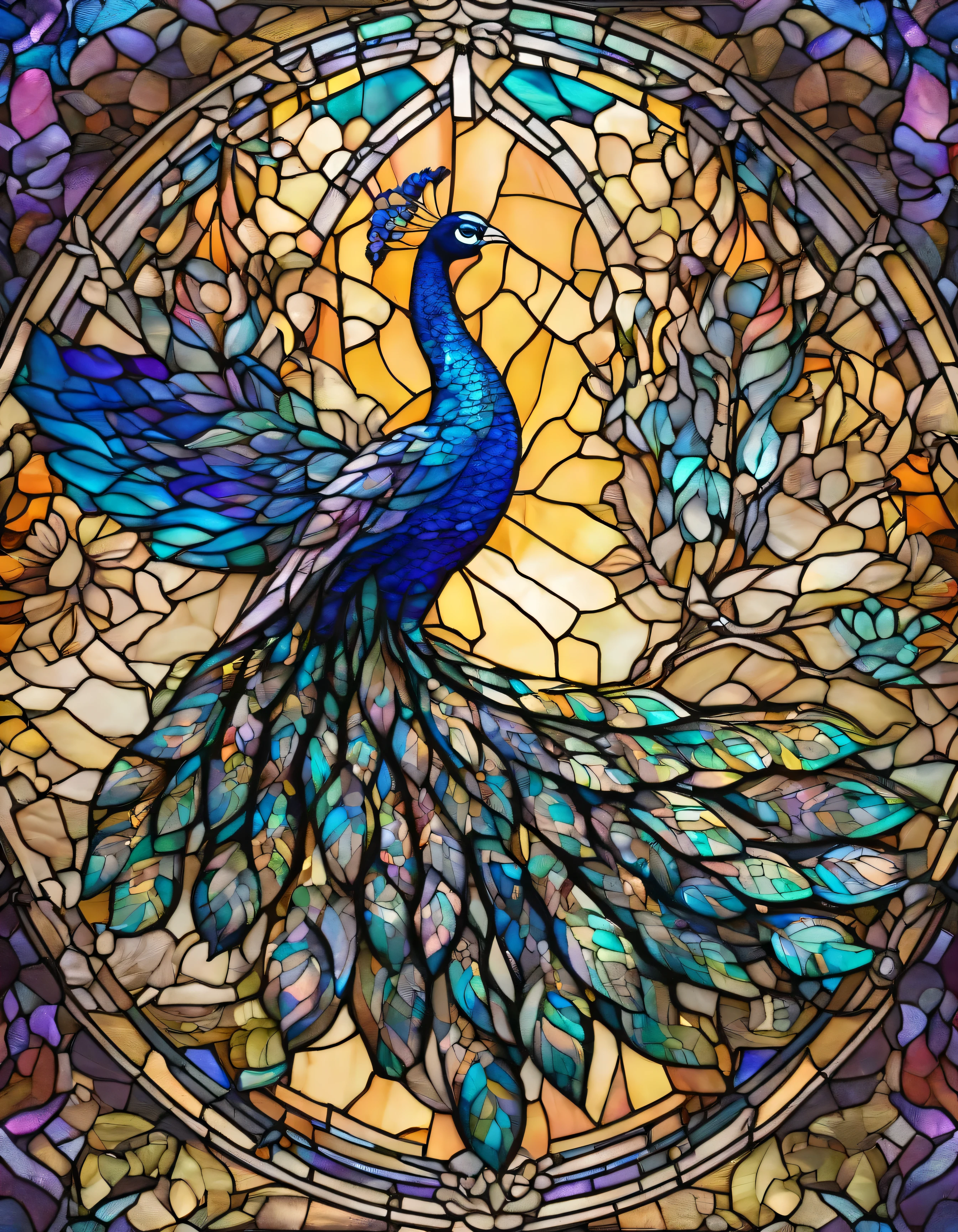 Peacock, Innocence、Transparent glass、very elaborate stained glass、Amethyst Crystal, Iridescent Labradorite Crystals、Intricate and highly detailed backgrounds, Fantasy, Craftsmanship, Craftsmanship detailed, Complex