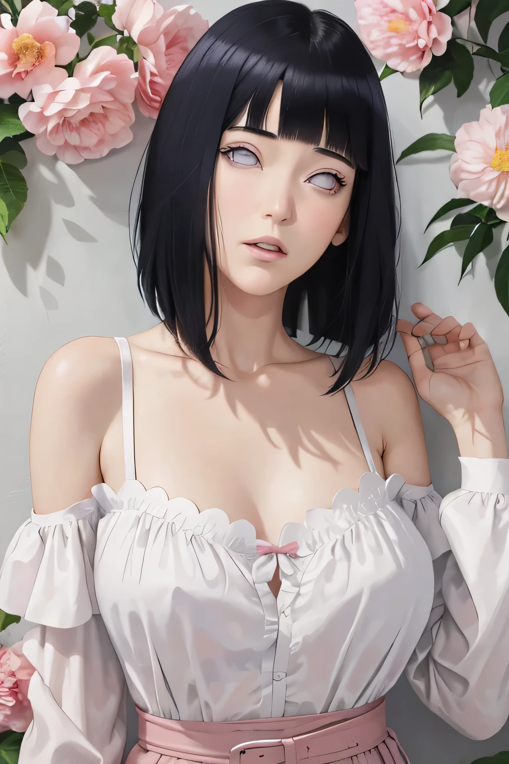 masterpiece, absurdres, hinata\(boruto\), 1girl, solo,mature female, off-shoulder strap bra, high waist short skirt, looking at viewer, (falling petals), perfect composition, detailed lips, big breast, beautiful face, body propotion, blush, (pink lips), long hair,  purple eyes,  soft gaze,  super realistic, detailed, photoshoot, realistic face and body,