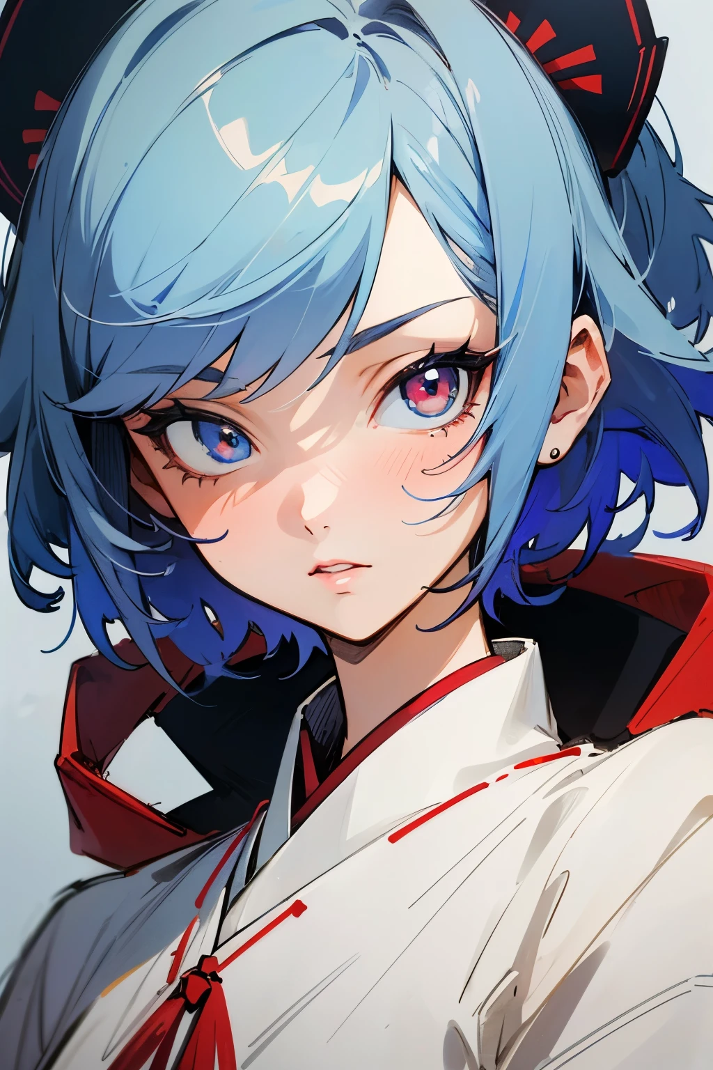 (best quality,masterpiece:1.2),ultra-detailed,perfect face,girl with anime style,short blue hair,violet and red heterochromatic eyes,traditional outfit,middle-aged