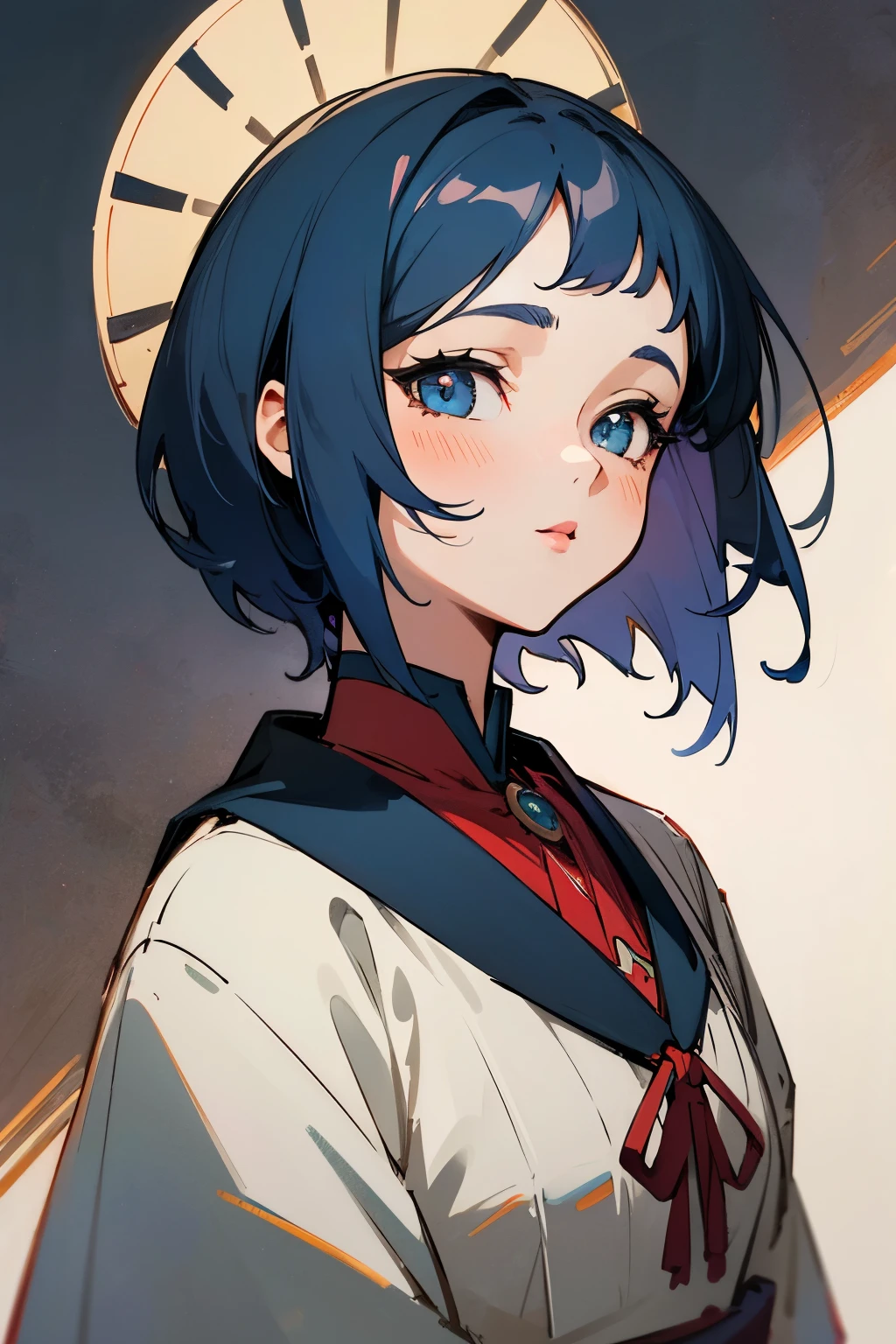 (best quality,masterpiece:1.2),ultra-detailed,perfect face,girl with anime style,short blue hair,violet and red heterochromatic eyes,traditional outfit,middle-aged