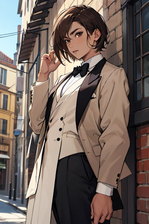 Mujer, short brown hair , Brown eyes, con traje negro elegante
